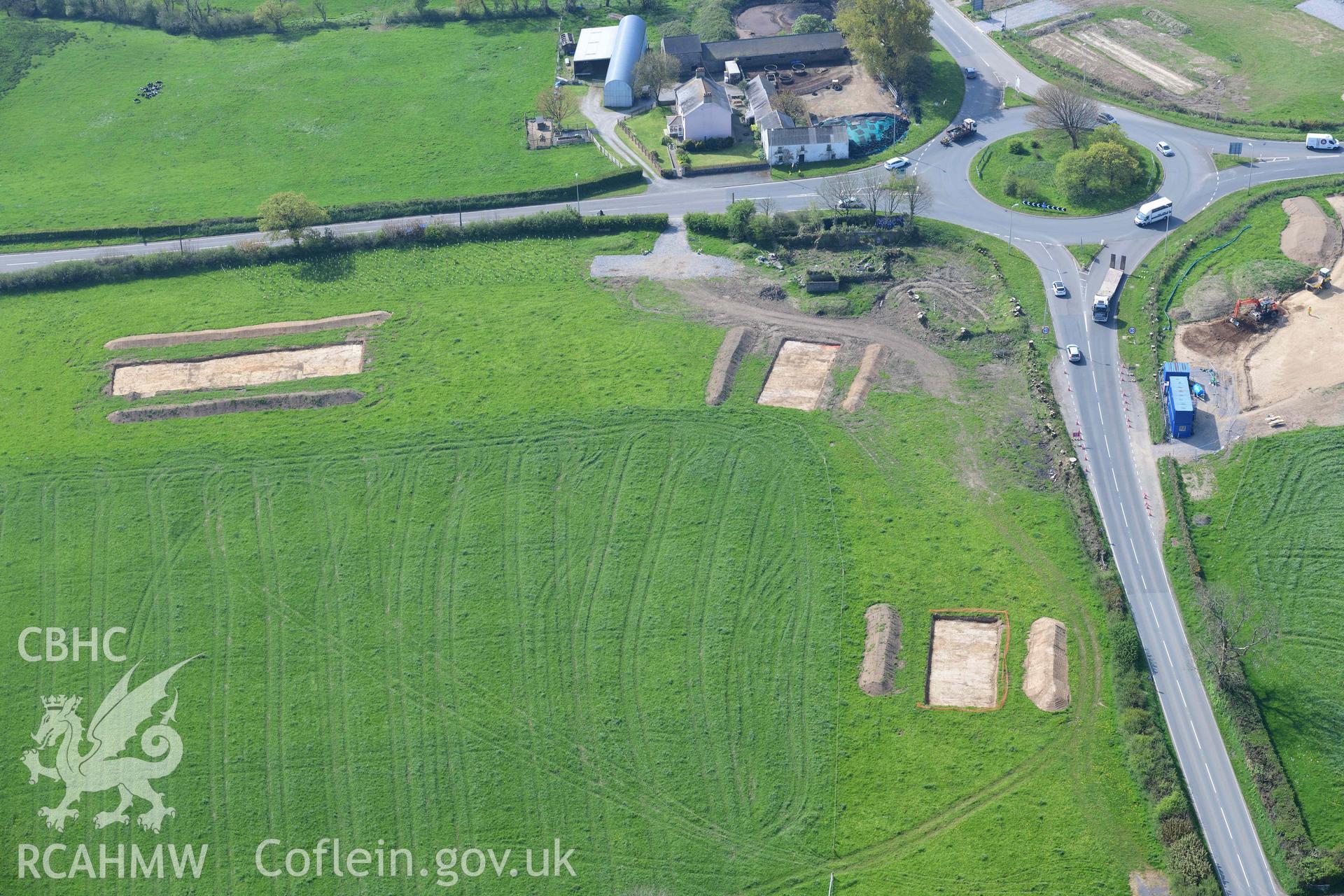 A40 improvement works, Penblewin roundabout. Oblique aerial photograph taken during the Royal Commission's programme of archaeological aerial reconnaissance by Toby Driver on 29 April 2022.
