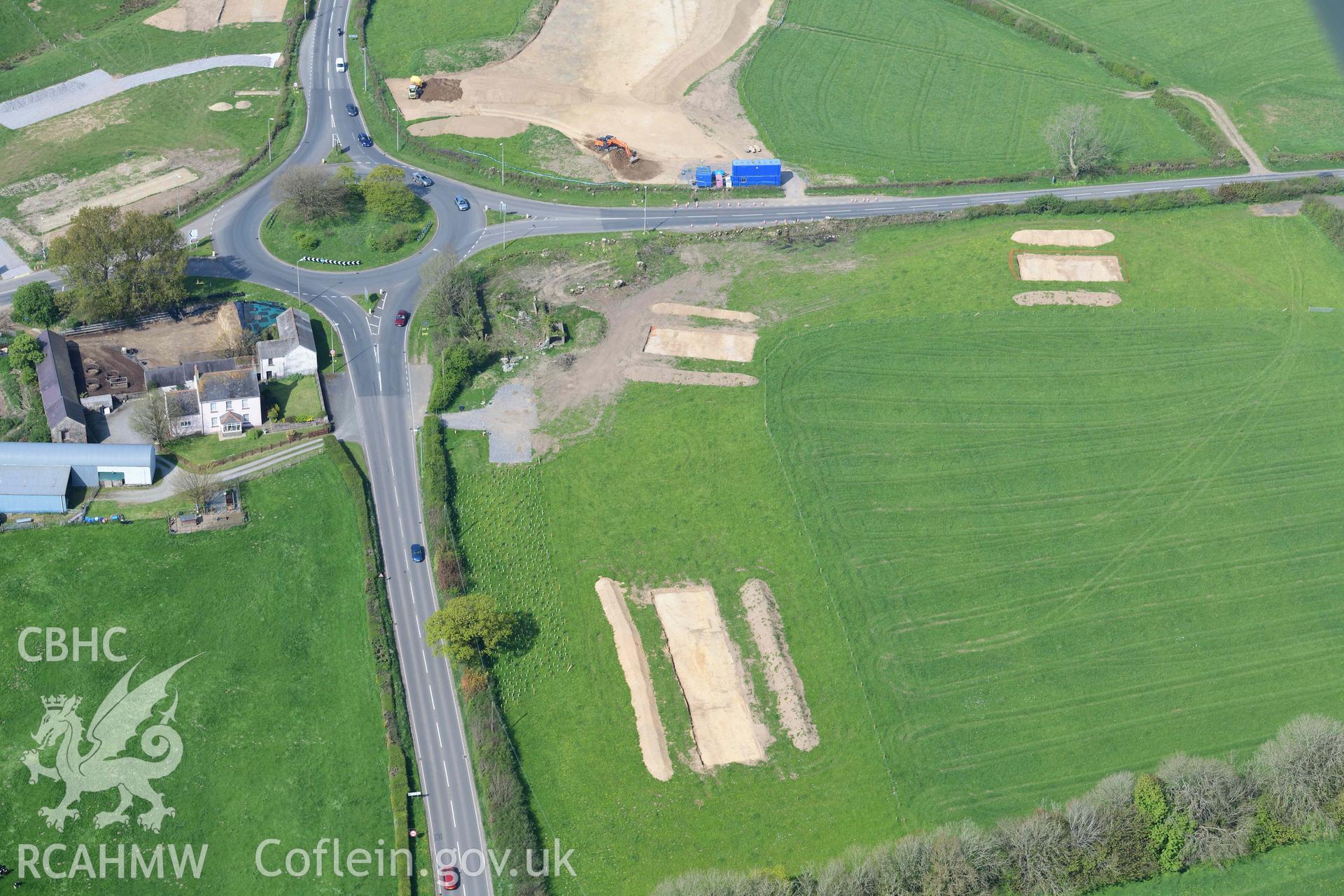 A40 improvement works, Penblewin roundabout. Oblique aerial photograph taken during the Royal Commission's programme of archaeological aerial reconnaissance by Toby Driver on 29 April 2022.