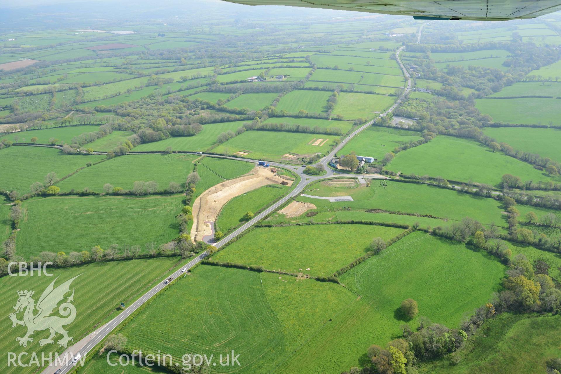A40 improvement works, Penblewin roundabout. Oblique aerial photograph taken during the Royal Commission's programme of archaeological aerial reconnaissance by Toby Driver on 29 April 2022.