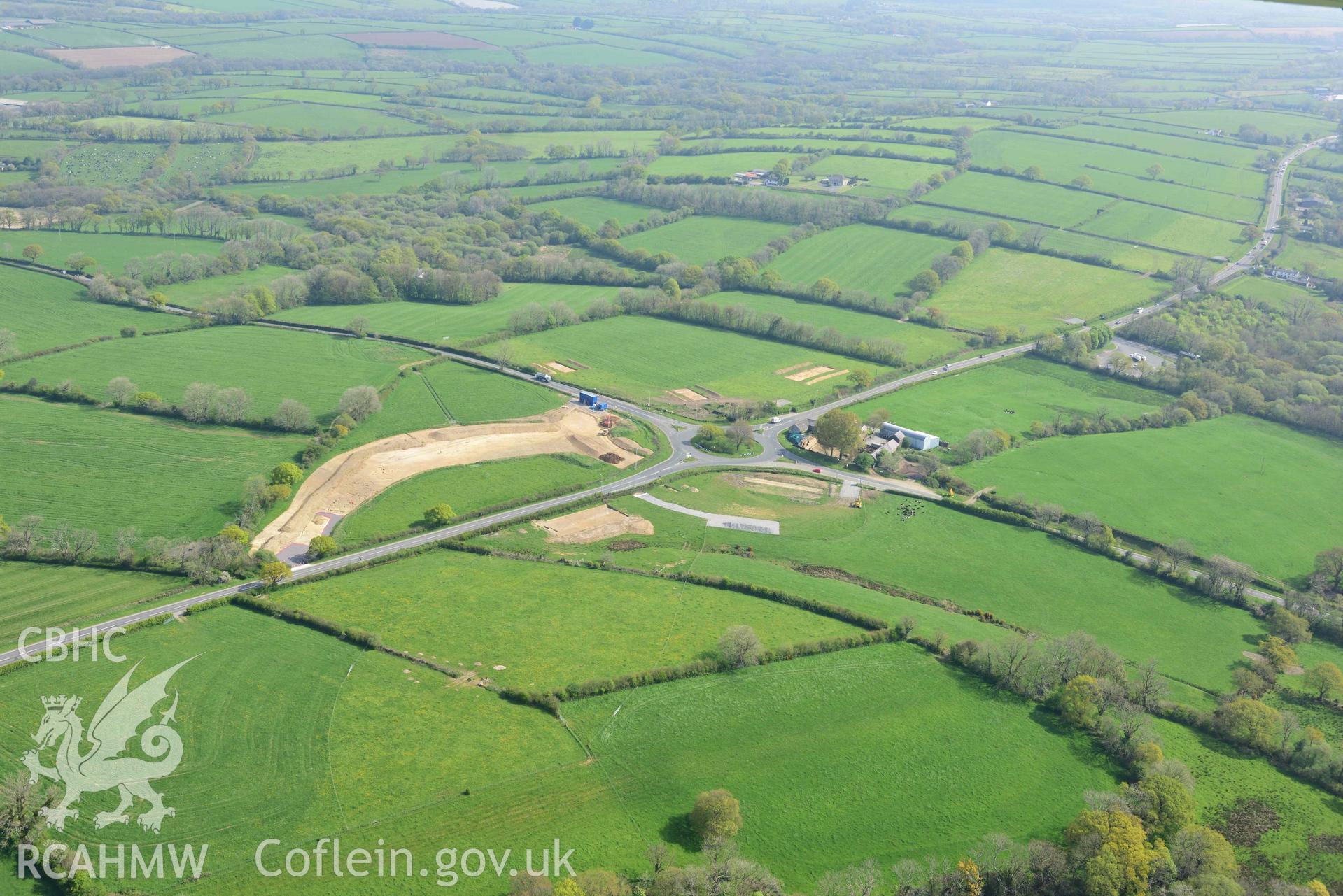 A40 improvement works, Penblewin roundabout. Oblique aerial photograph taken during the Royal Commission's programme of archaeological aerial reconnaissance by Toby Driver on 29 April 2022.