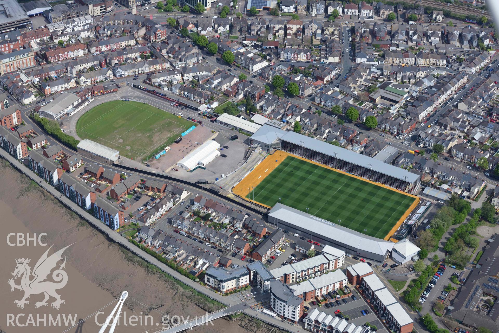 Rodney Parade stadium, Newport. Oblique aerial photograph taken during the Royal Commission's programme of archaeological aerial reconnaissance by Toby Driver on 29 April 2022.