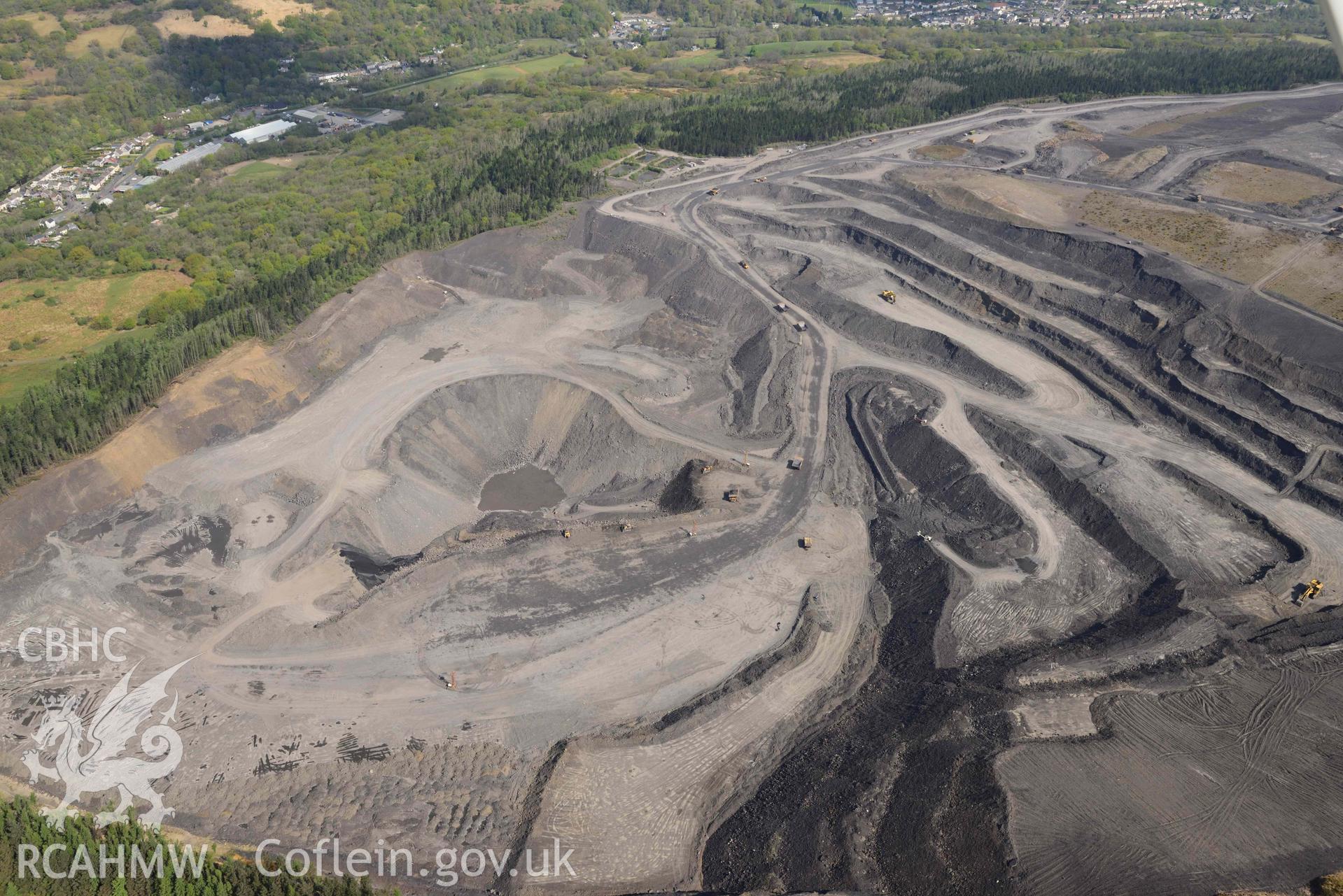 Nant Helen opencast mine, Abercraf. Oblique aerial photograph taken during the Royal Commission's programme of archaeological aerial reconnaissance by Toby Driver on 29 April 2022.