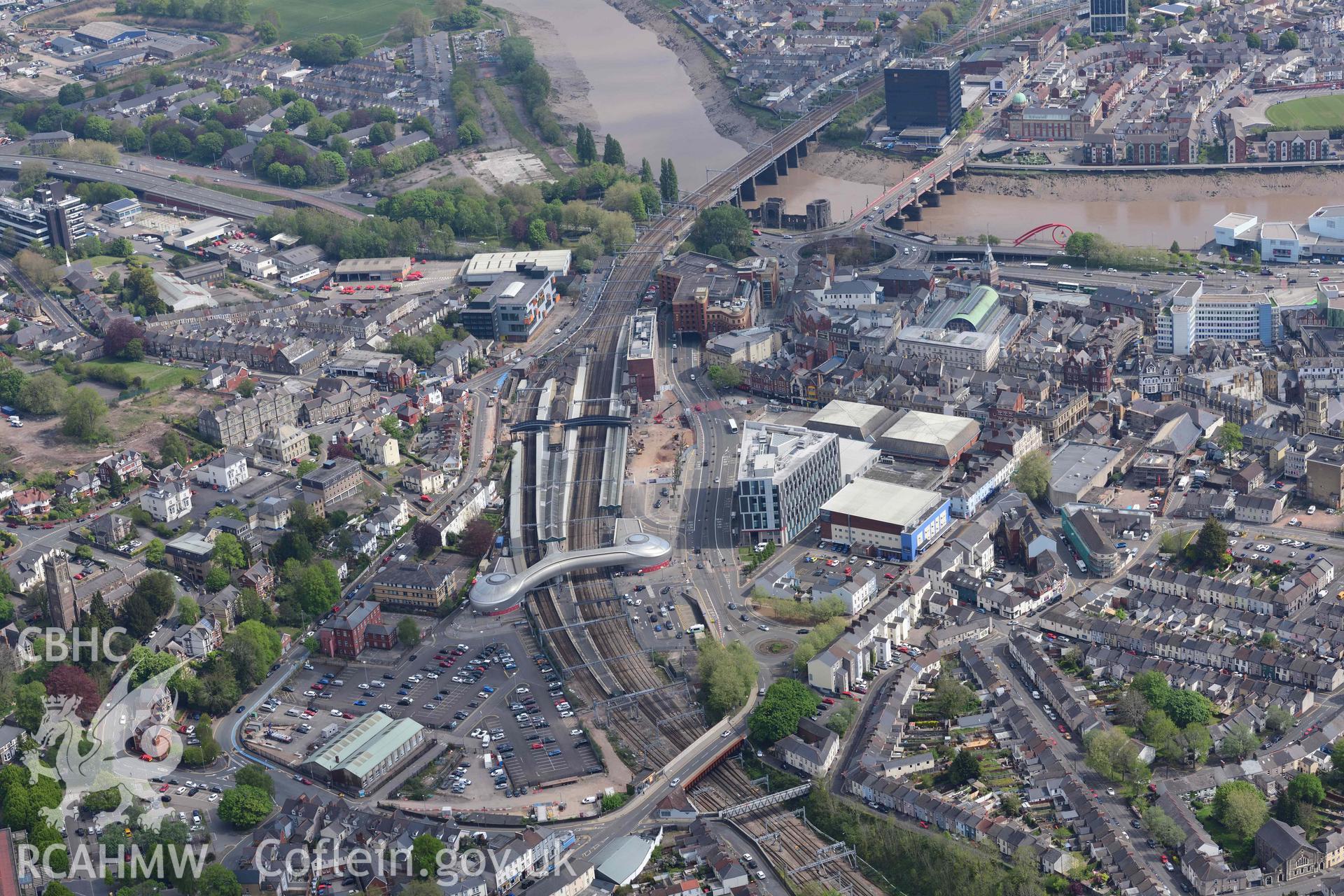 Newport Railway Station, High Street. Oblique aerial photograph taken during the Royal Commission's programme of archaeological aerial reconnaissance by Toby Driver on 29 April 2022.