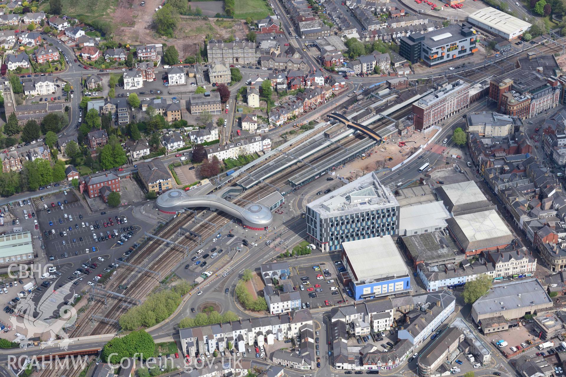 Newport Railway Station, High Street. Oblique aerial photograph taken during the Royal Commission's programme of archaeological aerial reconnaissance by Toby Driver on 29 April 2022.