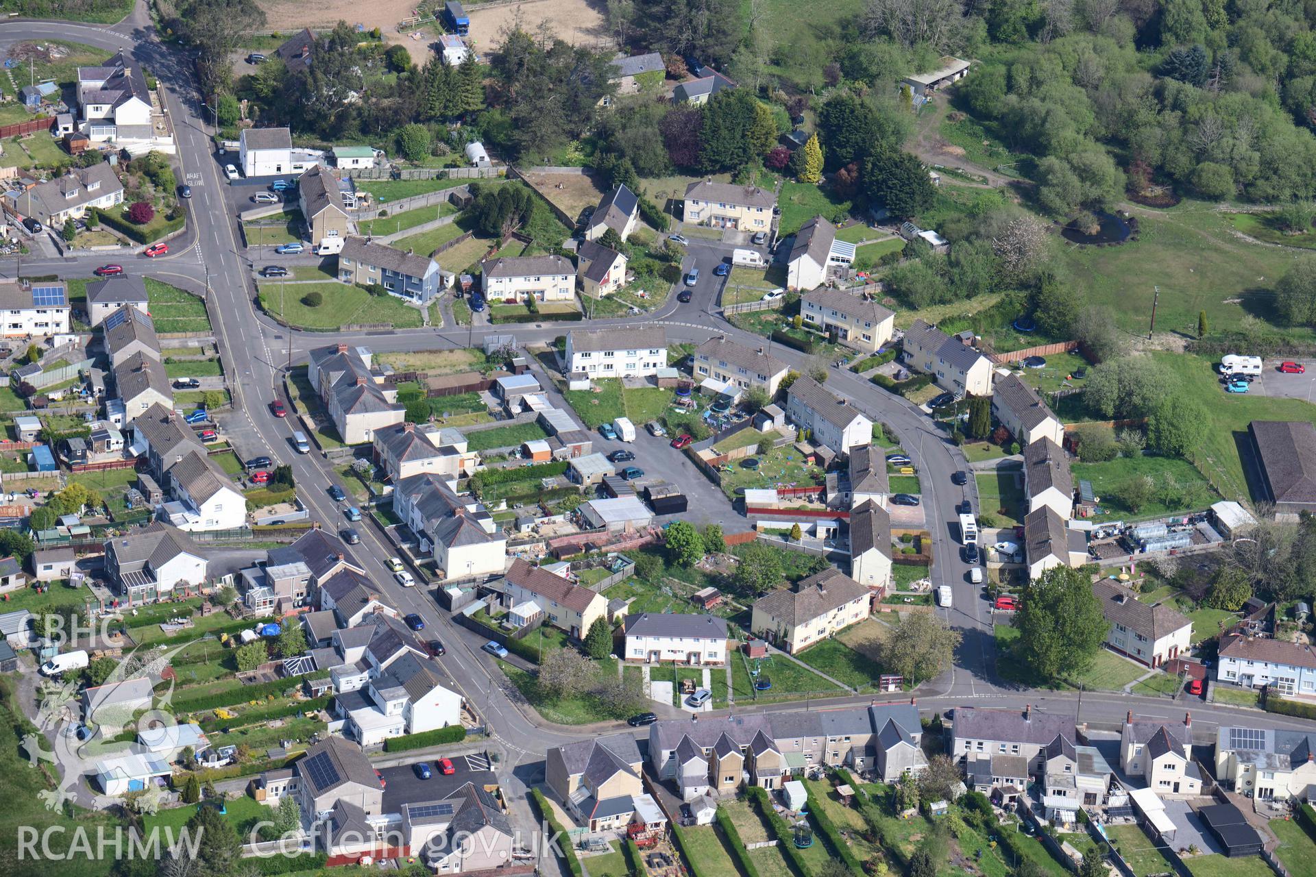 Maesybont housing estate, Glanaman. Oblique aerial photograph taken during the Royal Commission's programme of archaeological aerial reconnaissance by Toby Driver on 29 April 2022.