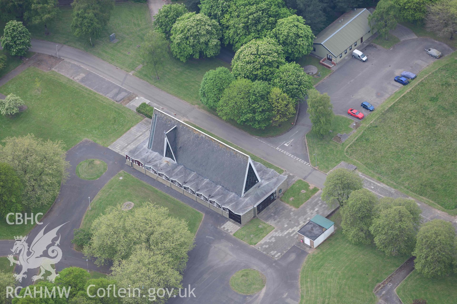 St George's Church at Beachley Barracks (Gloucester). Oblique aerial photograph taken during the Royal Commission's programme of archaeological aerial reconnaissance by Toby Driver on 29 April 2022.