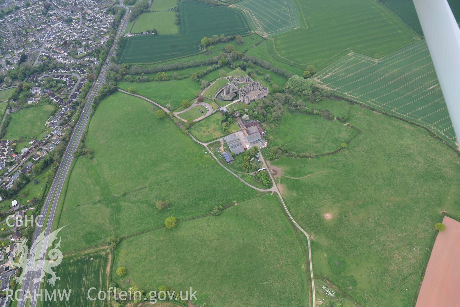 Raglan Castle, view from the north east. Oblique aerial photograph taken during the Royal Commission's programme of archaeological aerial reconnaissance by Toby Driver on 29 April 2022.