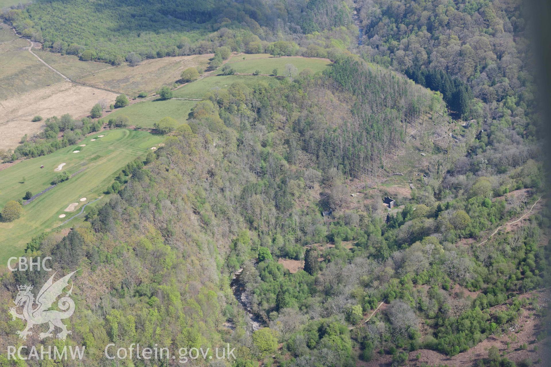 Glyn Neath Black Power Works, dressing mill from the south. Oblique aerial photograph taken during the Royal Commission's programme of archaeological aerial reconnaissance by Toby Driver on 29 April 2022.