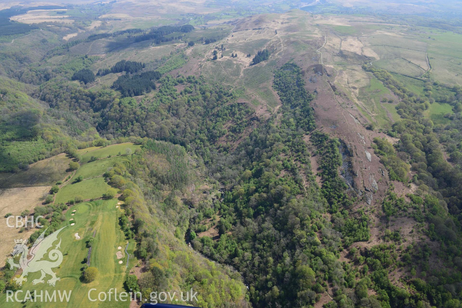 Glyn Neath Black Power Works, general view from the south west. Oblique aerial photograph taken during the Royal Commission's programme of archaeological aerial reconnaissance by Toby Driver on 29 April 2022.