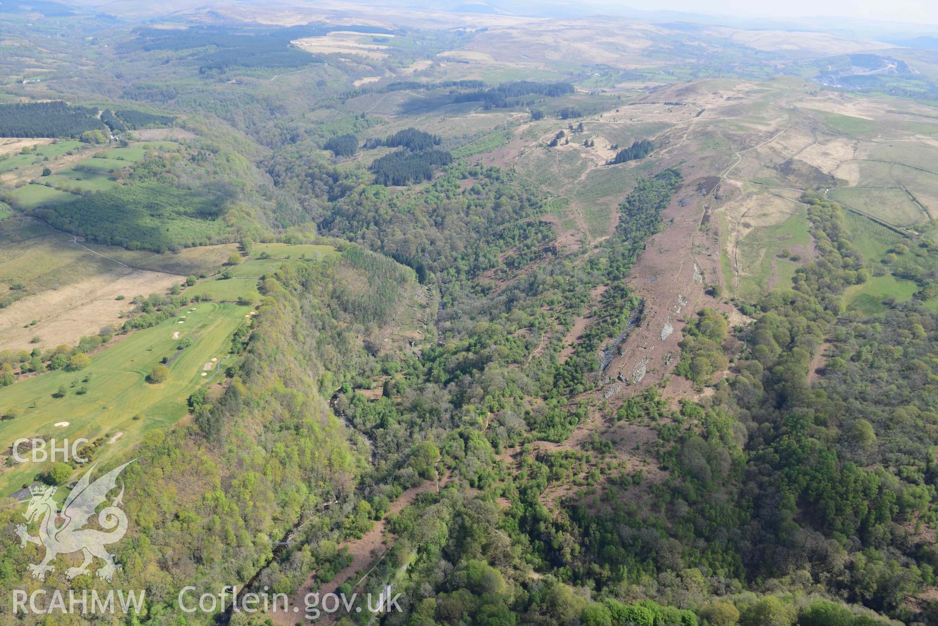 Glyn Neath Black Power Works, general view from the south west. Oblique aerial photograph taken during the Royal Commission's programme of archaeological aerial reconnaissance by Toby Driver on 29 April 2022.