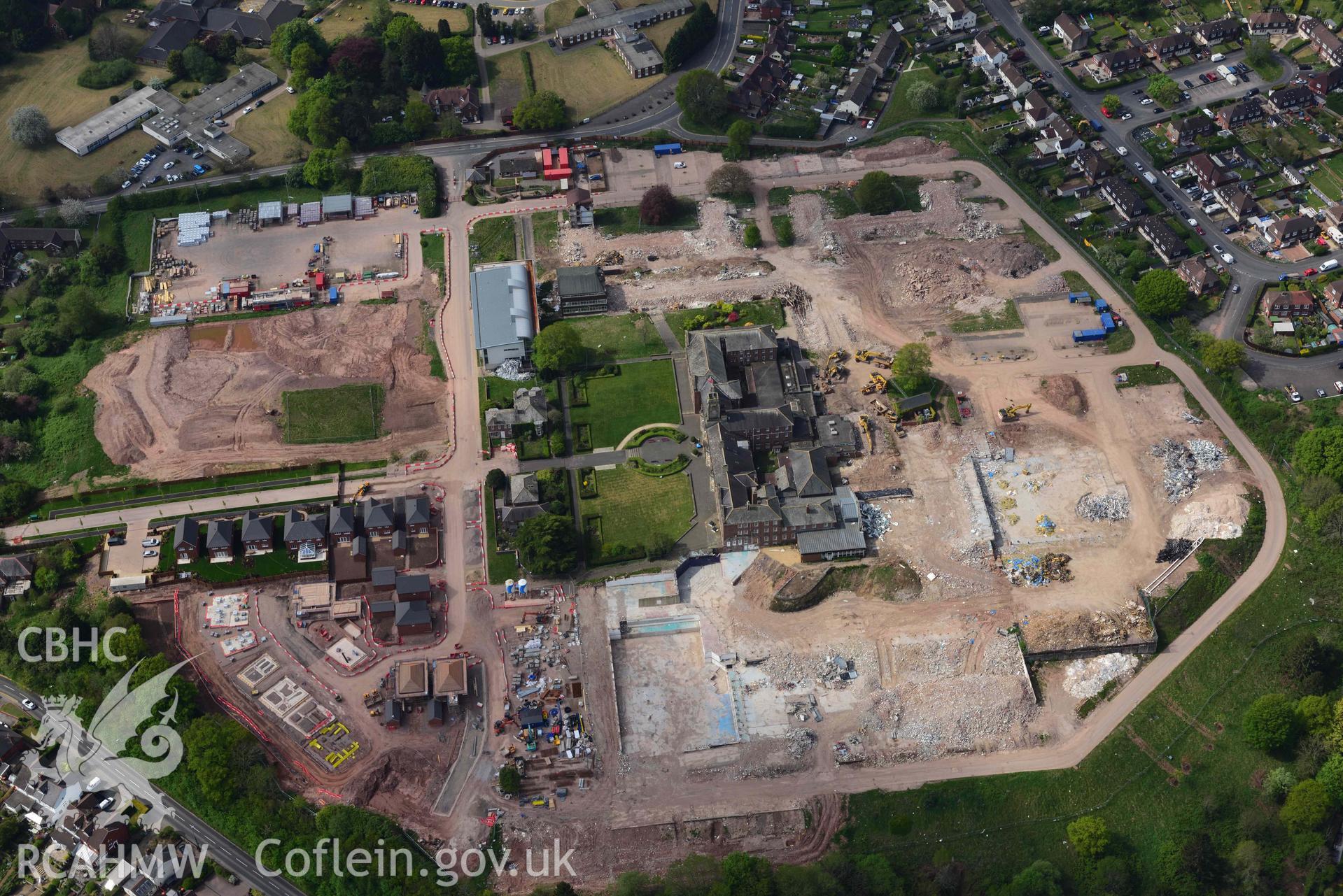 Caerleon campus, following demolition. Oblique aerial photograph taken during the Royal Commission's programme of archaeological aerial reconnaissance by Toby Driver on 29 April 2022.