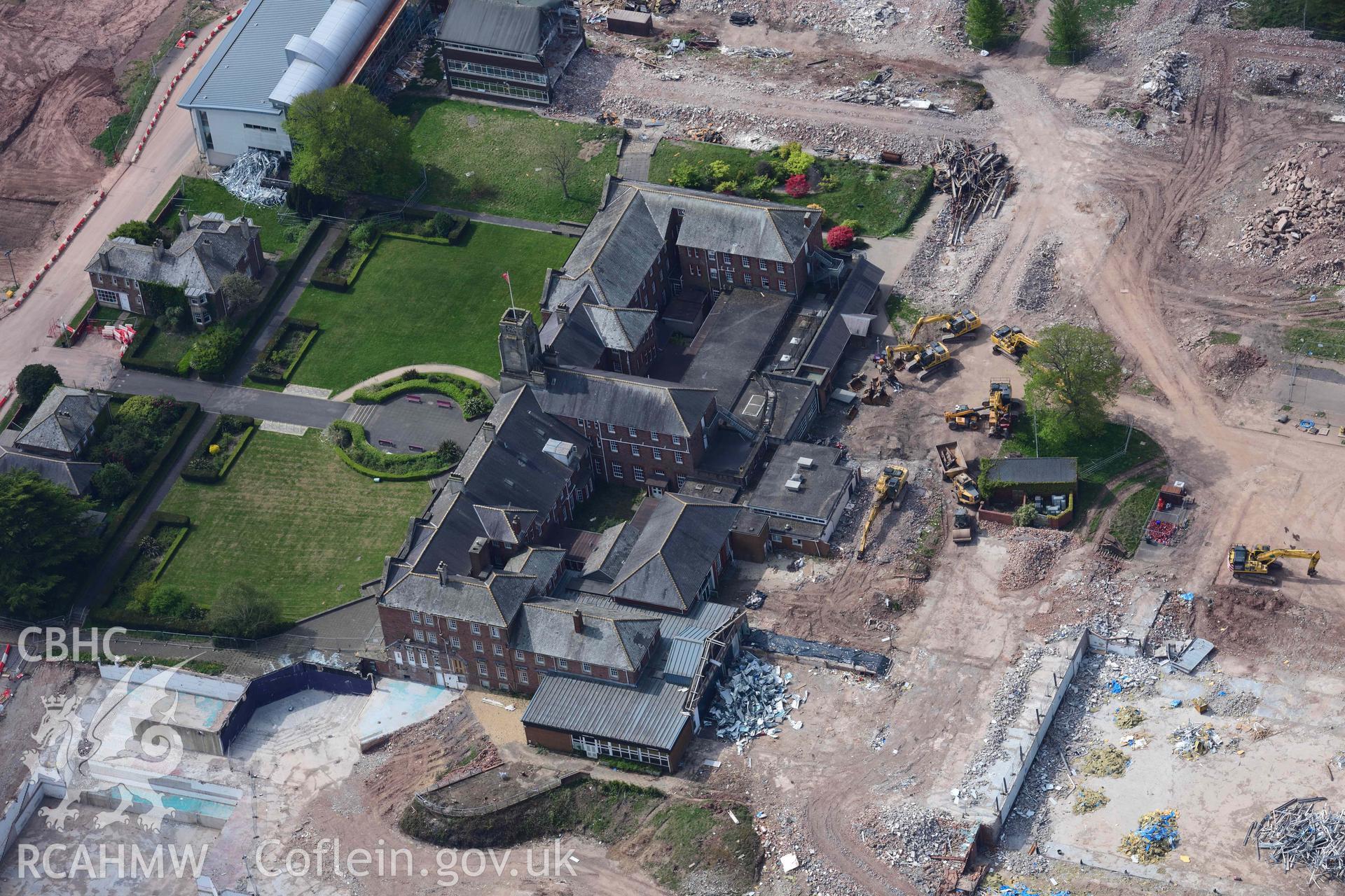 Caerleon campus, following demolition. Oblique aerial photograph taken during the Royal Commission's programme of archaeological aerial reconnaissance by Toby Driver on 29 April 2022.