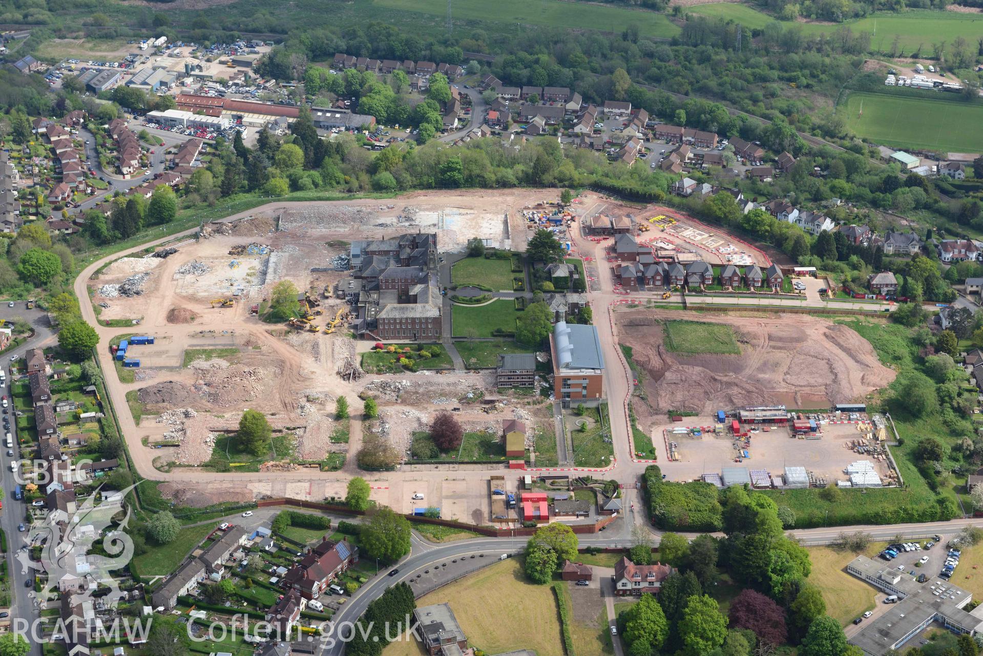 Caerleon campus, following demolition. Oblique aerial photograph taken during the Royal Commission's programme of archaeological aerial reconnaissance by Toby Driver on 29 April 2022.