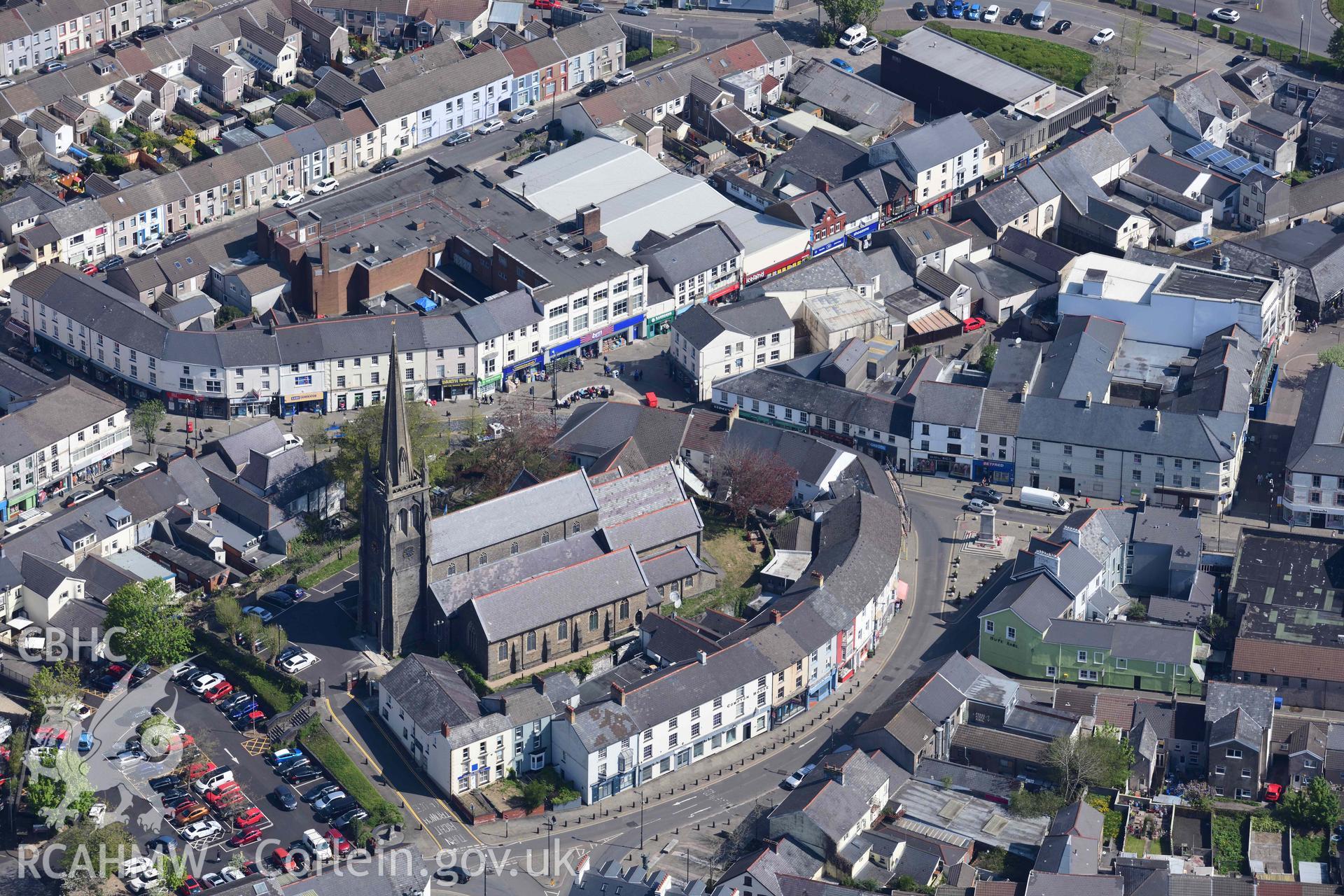 St Elvans Church, Aberdare, from the west. Oblique aerial photograph taken during the Royal Commission's programme of archaeological aerial reconnaissance by Toby Driver on 29 April 2022.