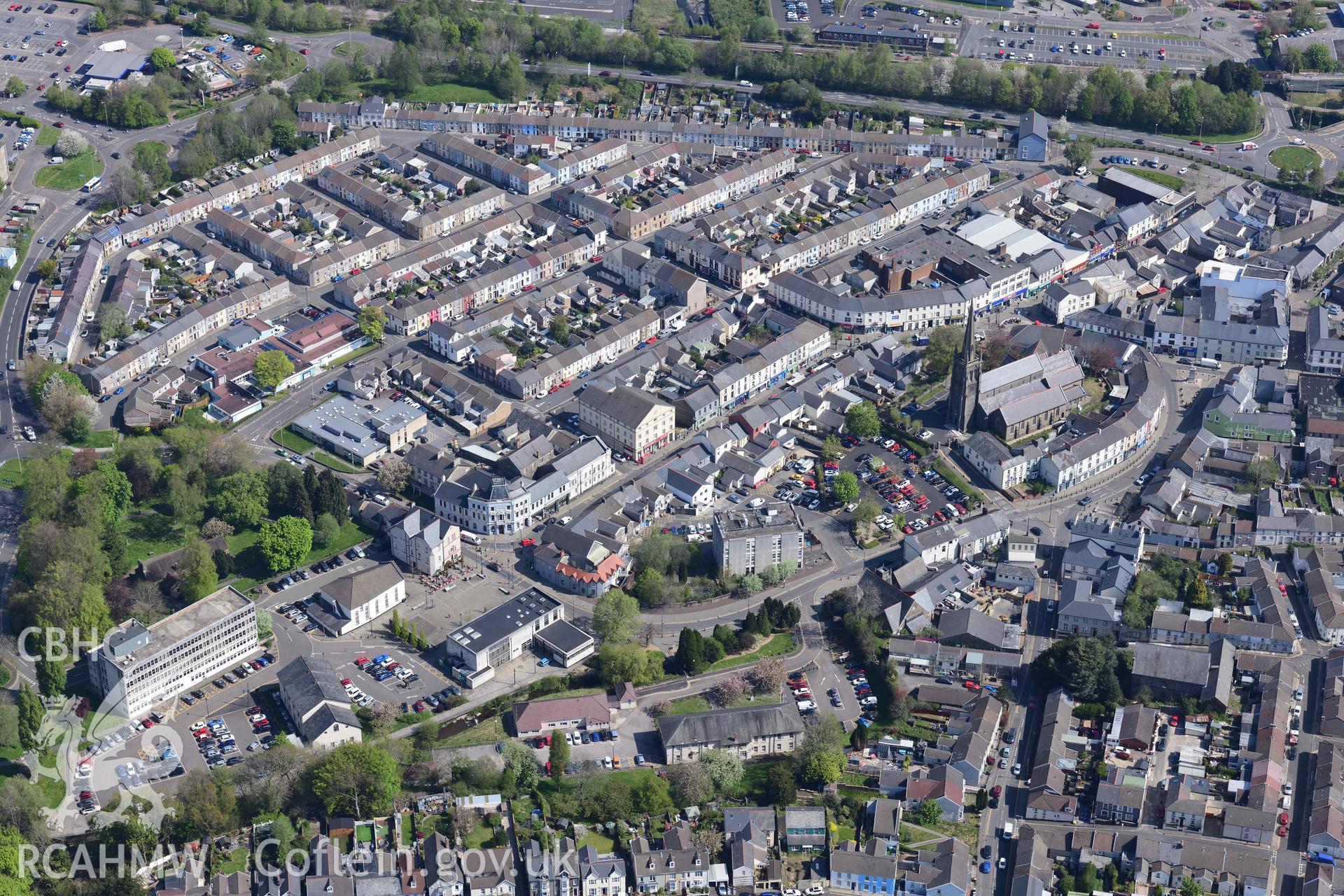 St Elvans Church and Aberdare townscape, from the west. Oblique aerial photograph taken during the Royal Commission's programme of archaeological aerial reconnaissance by Toby Driver on 29 April 2022.