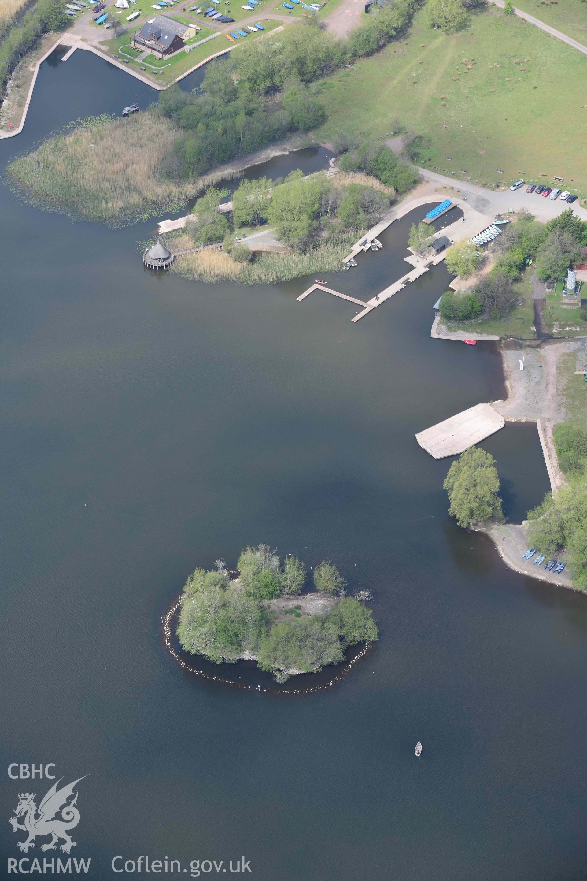 Llangors Crannog. Oblique aerial photograph taken during the Royal Commission's programme of archaeological aerial reconnaissance by Toby Driver on 29 April 2022.
