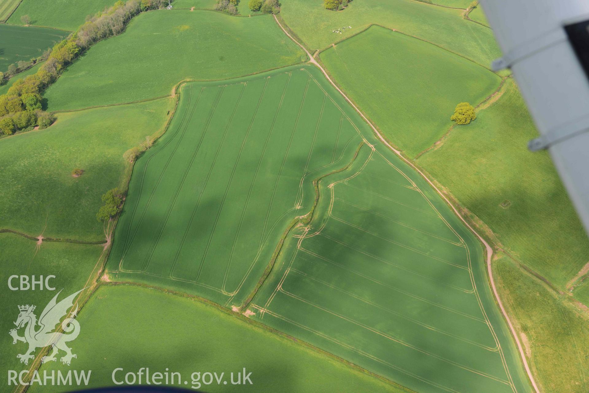 Cropmarks at Great House or Graig Olway Farm, near Usk. Oblique aerial photograph taken during the Royal Commission's programme of archaeological aerial reconnaissance by Toby Driver on 29 April 2022.