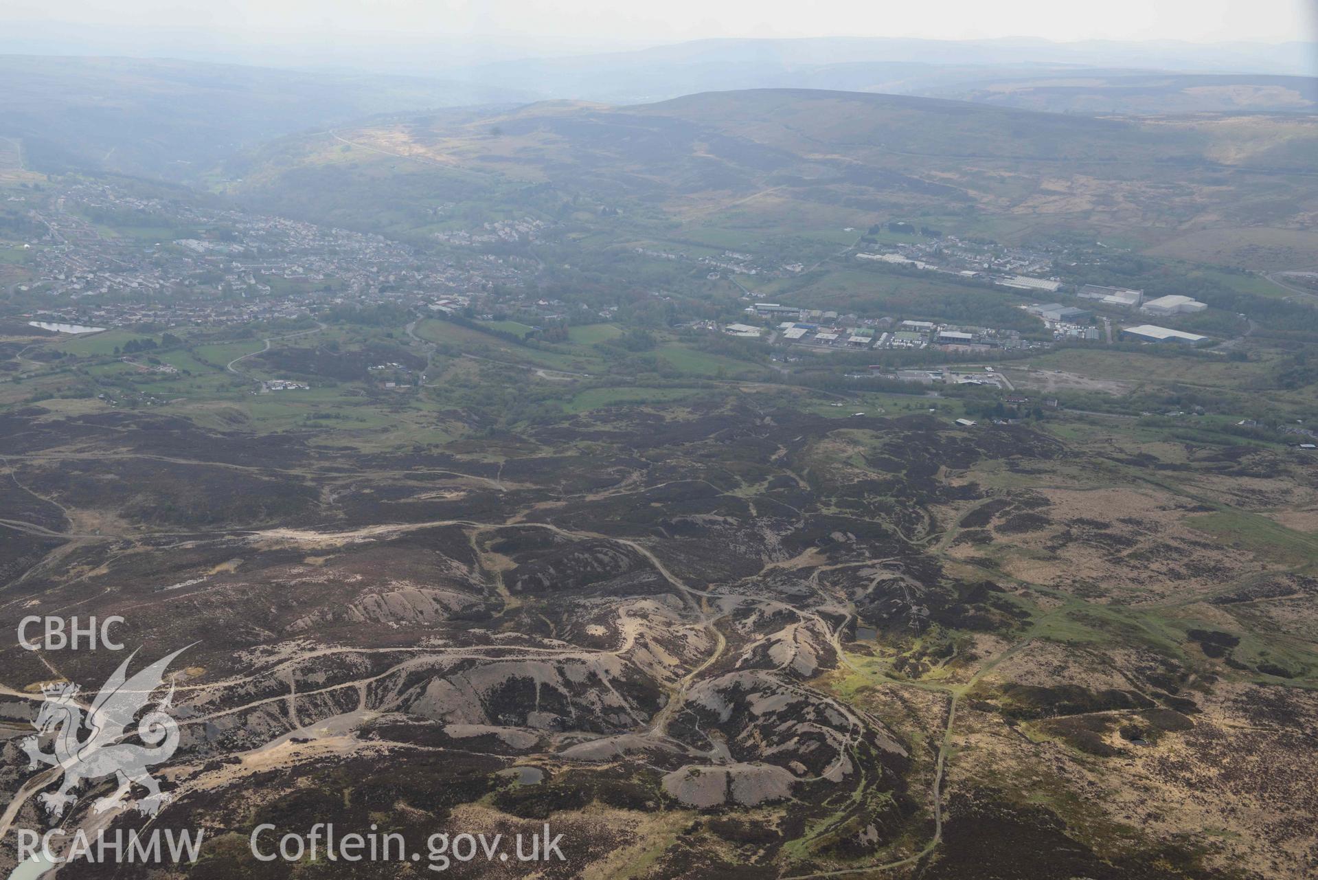 Blaenavon World Heritage site area; Pwll du landscape looking South West. Oblique aerial photograph taken during the Royal Commission's programme of archaeological aerial reconnaissance by Toby Driver on 29 April 2022.