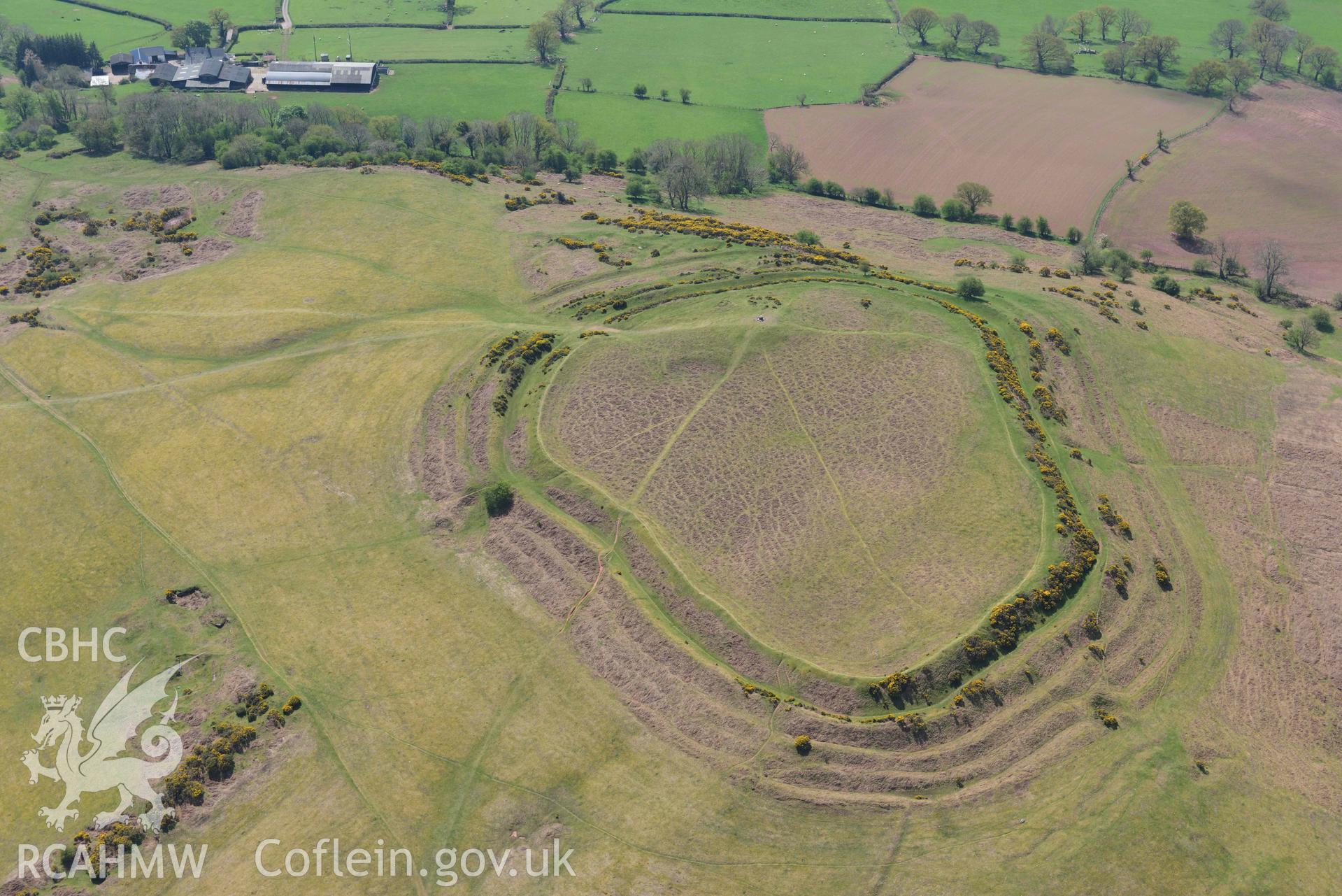 Pen-y-Crug Hillfort, near Brecon. Oblique aerial photograph taken during the Royal Commission's programme of archaeological aerial reconnaissance by Toby Driver on 29 April 2022.