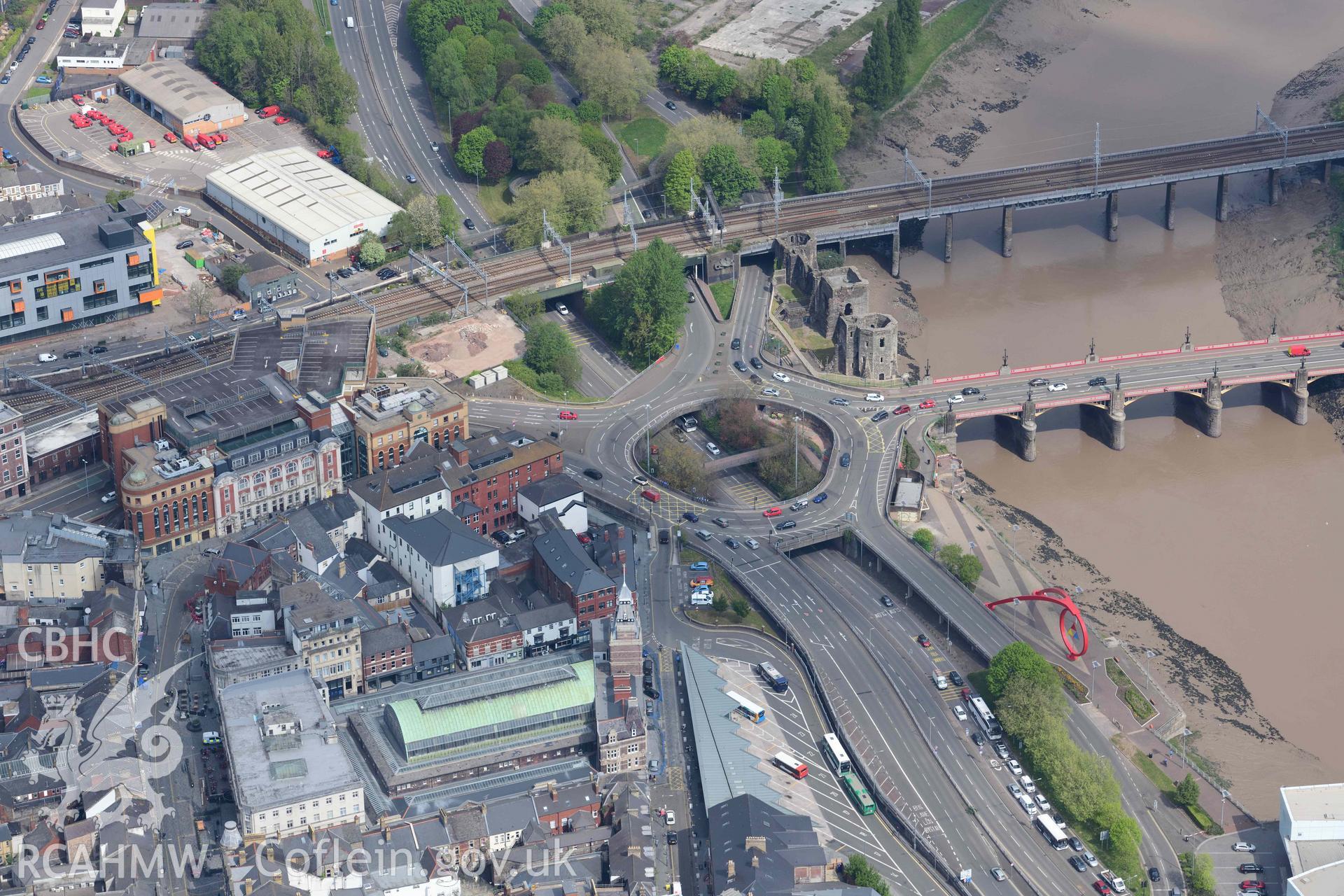 Newport Castle. Oblique aerial photograph taken during the Royal Commission's programme of archaeological aerial reconnaissance by Toby Driver on 29 April 2022.