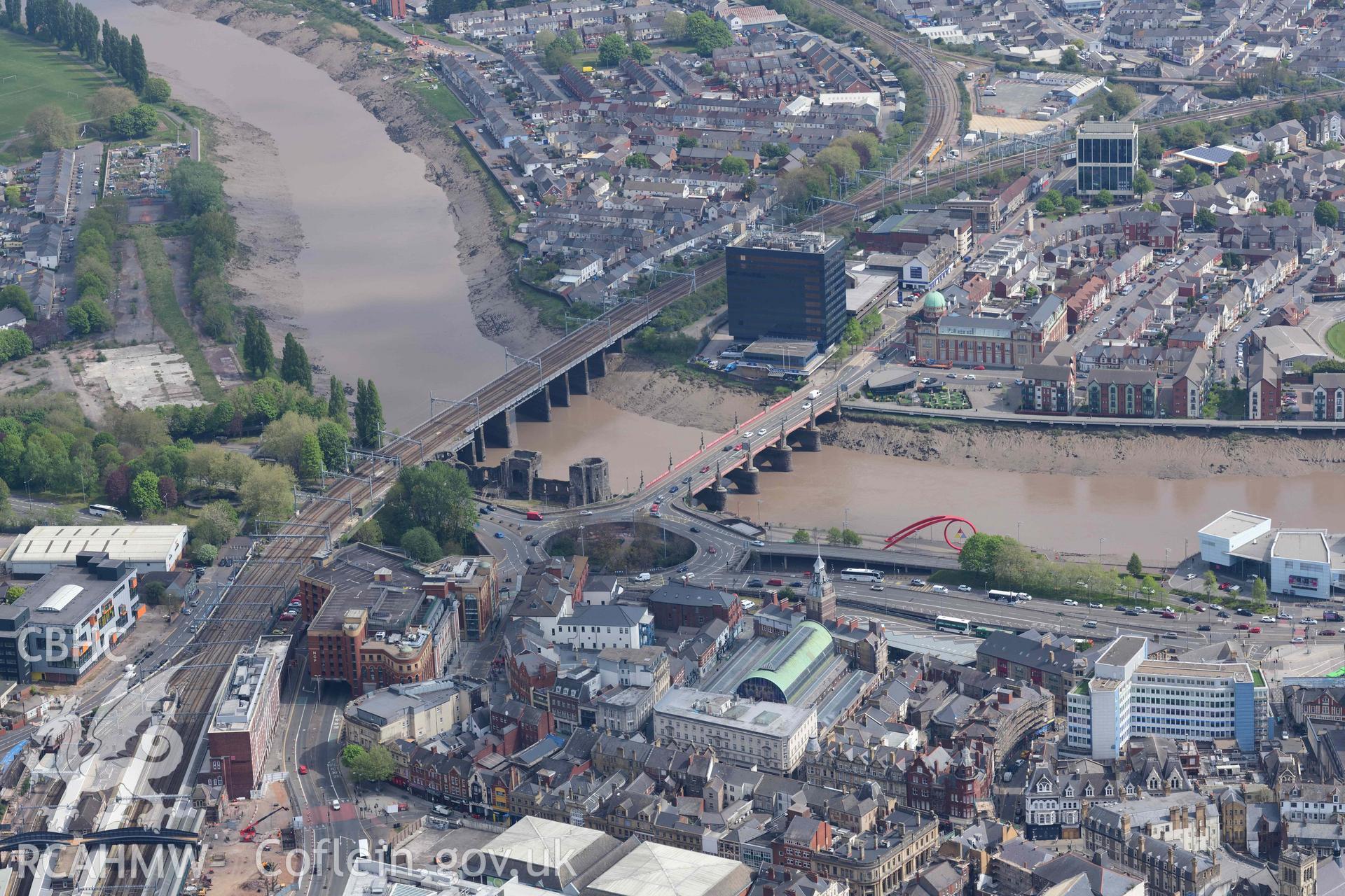 Newport Castle. Oblique aerial photograph taken during the Royal Commission's programme of archaeological aerial reconnaissance by Toby Driver on 29 April 2022.