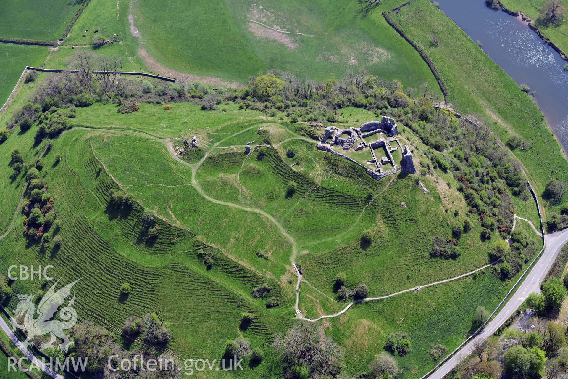 Dryslwyn Castle. Oblique aerial photograph taken during the Royal Commission's programme of archaeological aerial reconnaissance by Toby Driver on 29 April 2022.
