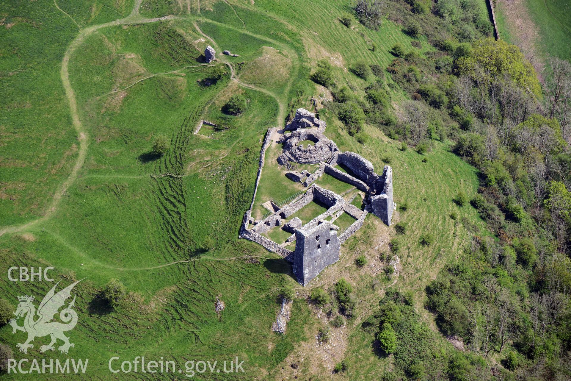 Dryslwyn Castle. Oblique aerial photograph taken during the Royal Commission's programme of archaeological aerial reconnaissance by Toby Driver on 29 April 2022.