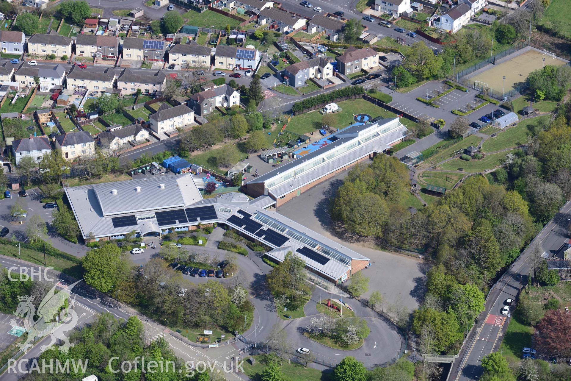 Garnant School, Cwmamman. Oblique aerial photograph taken during the Royal Commission's programme of archaeological aerial reconnaissance by Toby Driver on 29 April 2022.