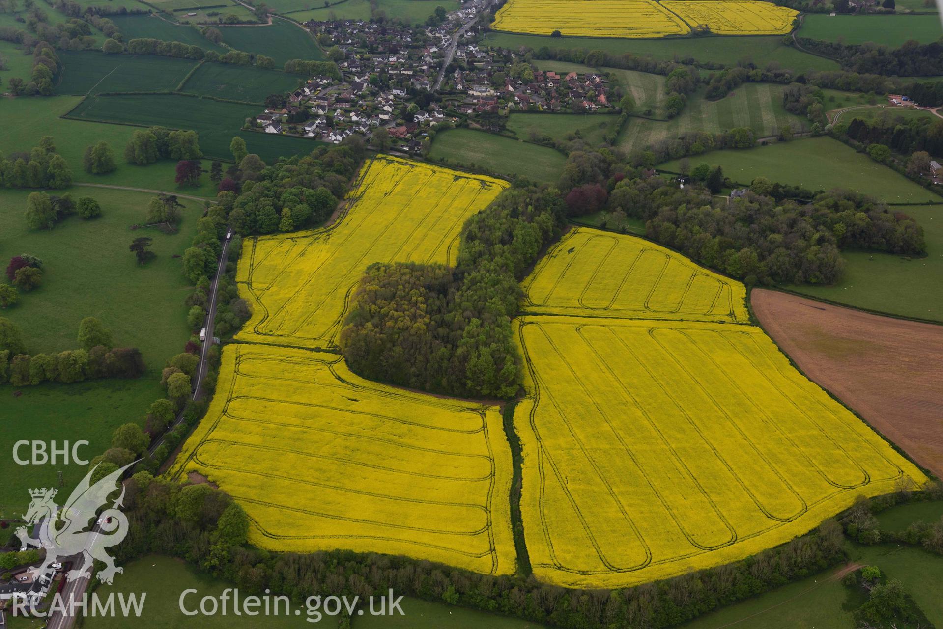 Non-archaeological cropmarks east of Brynderwin Garden, Chepstow. Oblique aerial photograph taken during the Royal Commission's programme of archaeological aerial reconnaissance by Toby Driver on 29 April 2022.