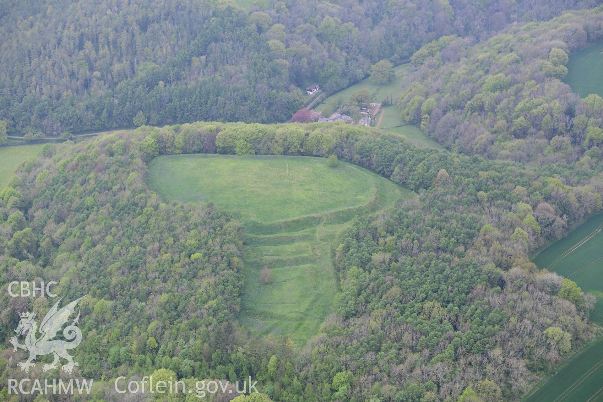 Llanmelin Wood Hillfort. Oblique aerial photograph taken during the Royal Commission's programme of archaeological aerial reconnaissance by Toby Driver on 29 April 2022.