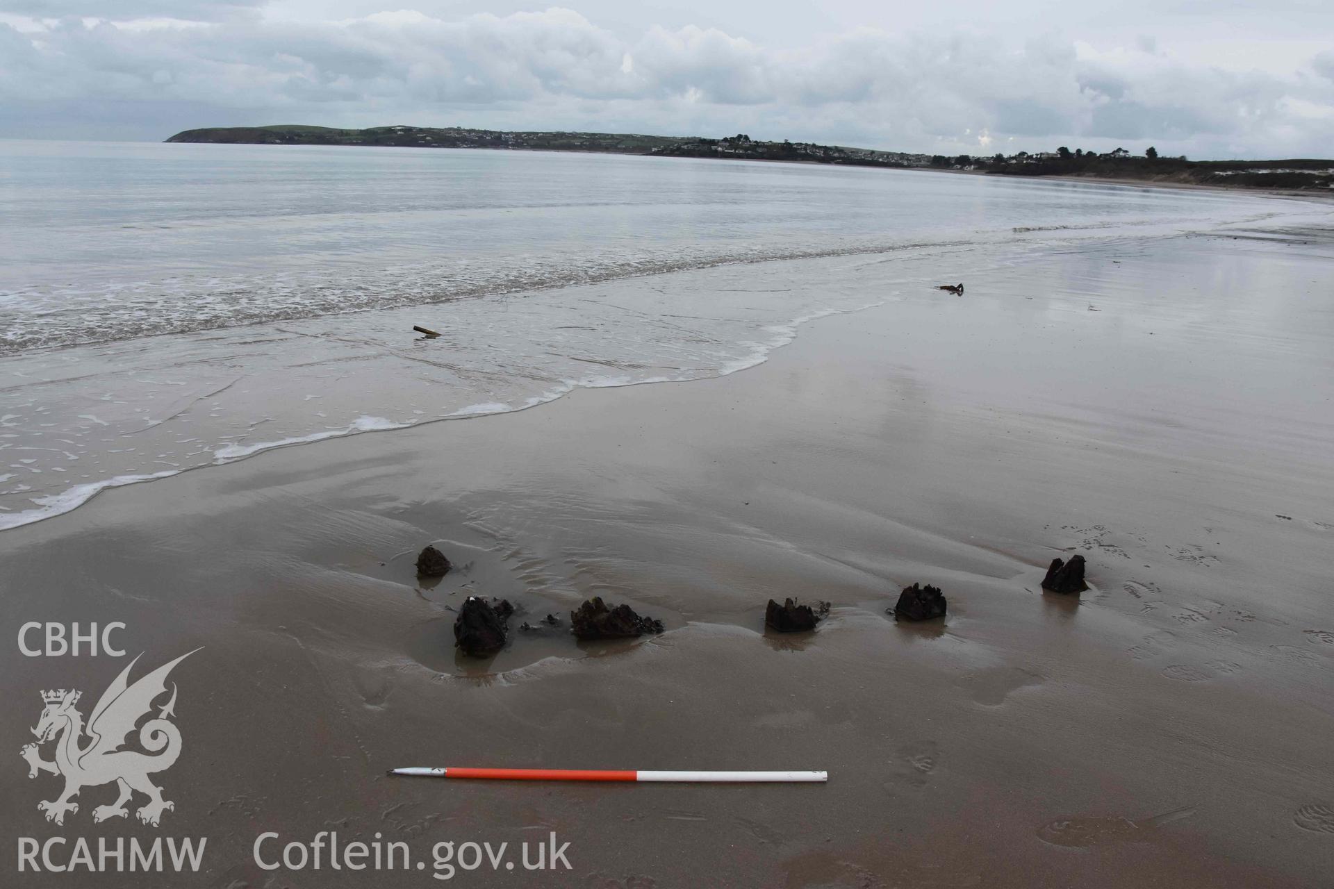 The stern of the Unnamed Wreck (Maria?) on The Warren Beach, Abersoch. Looking southwest. Part of a survey conducted by Louise Barker on 23 January 2019. Produced with EU funds through the Ireland Wales Co-operation Programme 2014-2023. All material made freely available through the Open Government Licence.