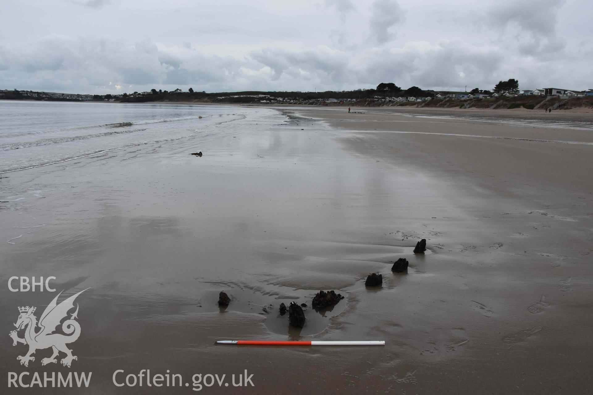 The stern of the Unnamed Wreck (Maria?) on The Warren Beach, Abersoch. Looking southwest. Part of a survey conducted by Louise Barker on 23 January 2019. Produced with EU funds through the Ireland Wales Co-operation Programme 2014-2023. All material made freely available through the Open Government Licence.