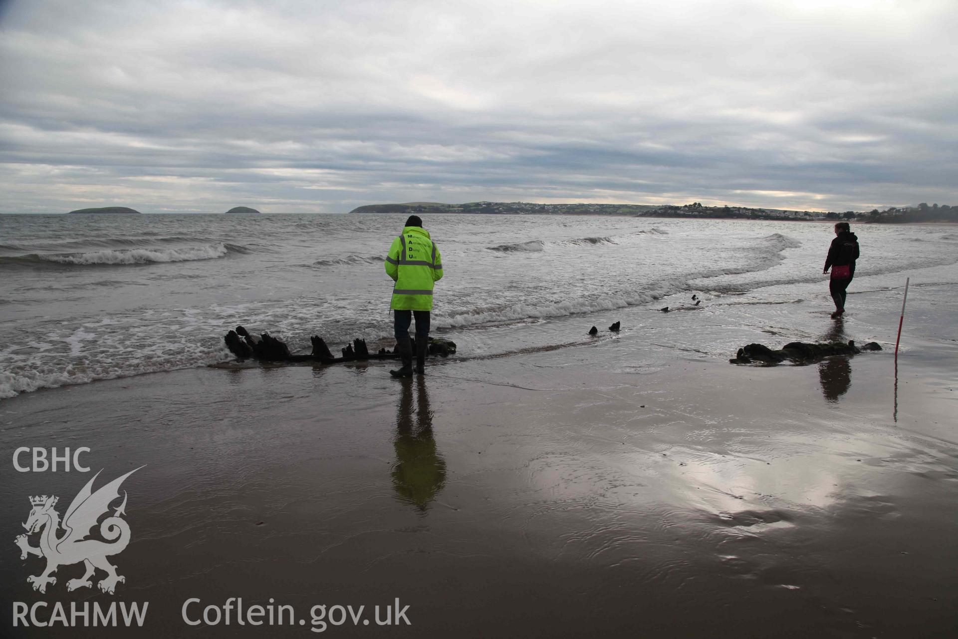 The Unnamed Wreck (Maria?) on The Warren Beach, Abersoch, appearing at low tide. Looking south. Part of a survey conducted by Edward Pollard on 1 October 2019. Produced with EU funds through the Ireland Wales Co-operation Programme 2014-2023. All material made freely available through the Open Government Licence.