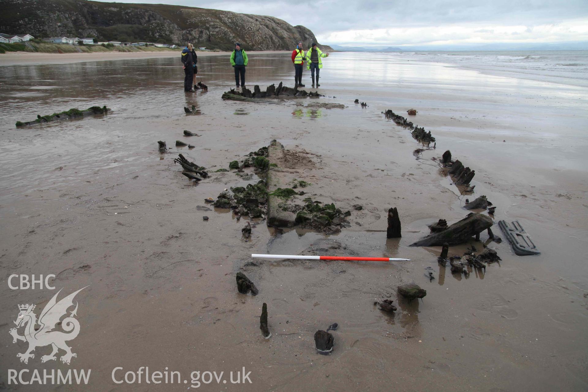 The Unnamed Wreck (Maria?) on The Warren Beach, Abersoch. Looking northeast. Bow is in the foreground. Part of a survey conducted by Edward Pollard on 1 October 2019. Produced with EU funds through the Ireland Wales Co-operation Programme 2014-2023. All material made freely available through the Open Government Licence.