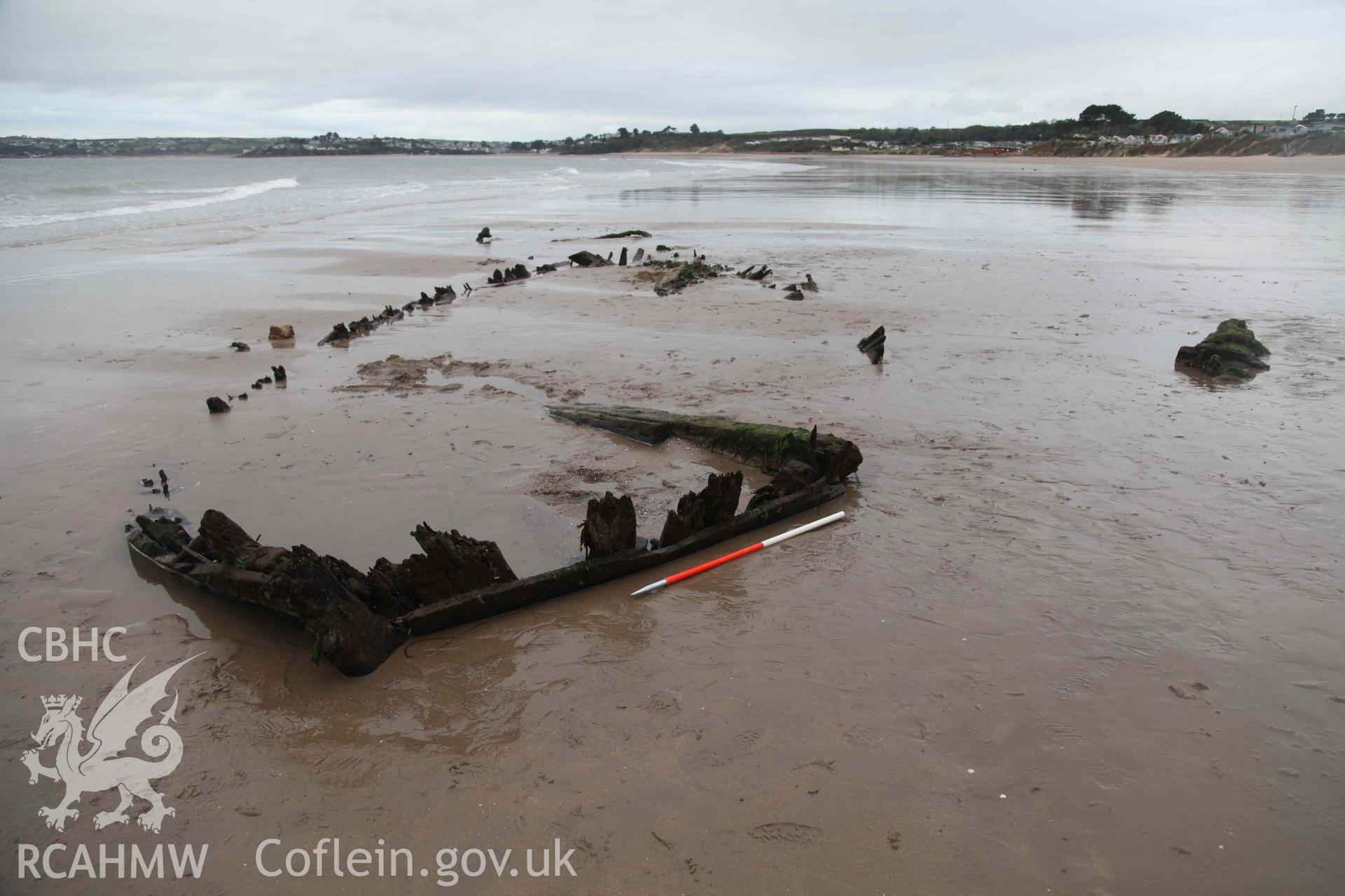 The Unnamed Wreck (Maria?) on The Warren Beach, Abersoch. Looking southwest. Stern is in the foreground. Part of a survey conducted by Edward Pollard on 1 October 2019. Produced with EU funds through the Ireland Wales Co-operation Programme 2014-2023. All material made freely available through the Open Government Licence.