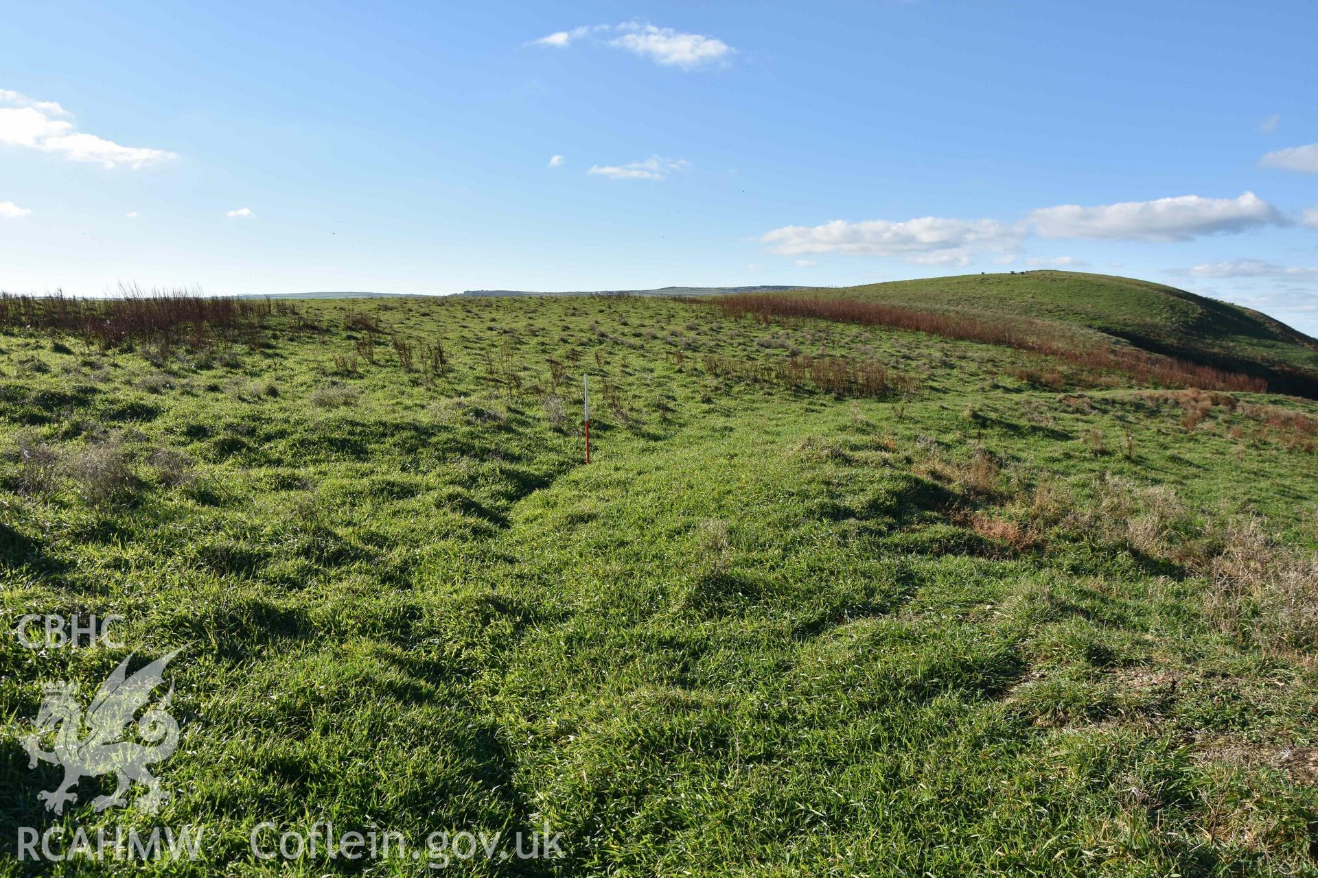 Curving bank and ditch defining the southern side of the promontory enclosure. Part of a digital photographic survey conducted on Cardigan Island by Louise Barker of RCAHMW on 30 October 2018. Produced with EU funds through the Ireland Wales Co-operation Programme 2014-2023. All material made freely available through the Open Government Licence.