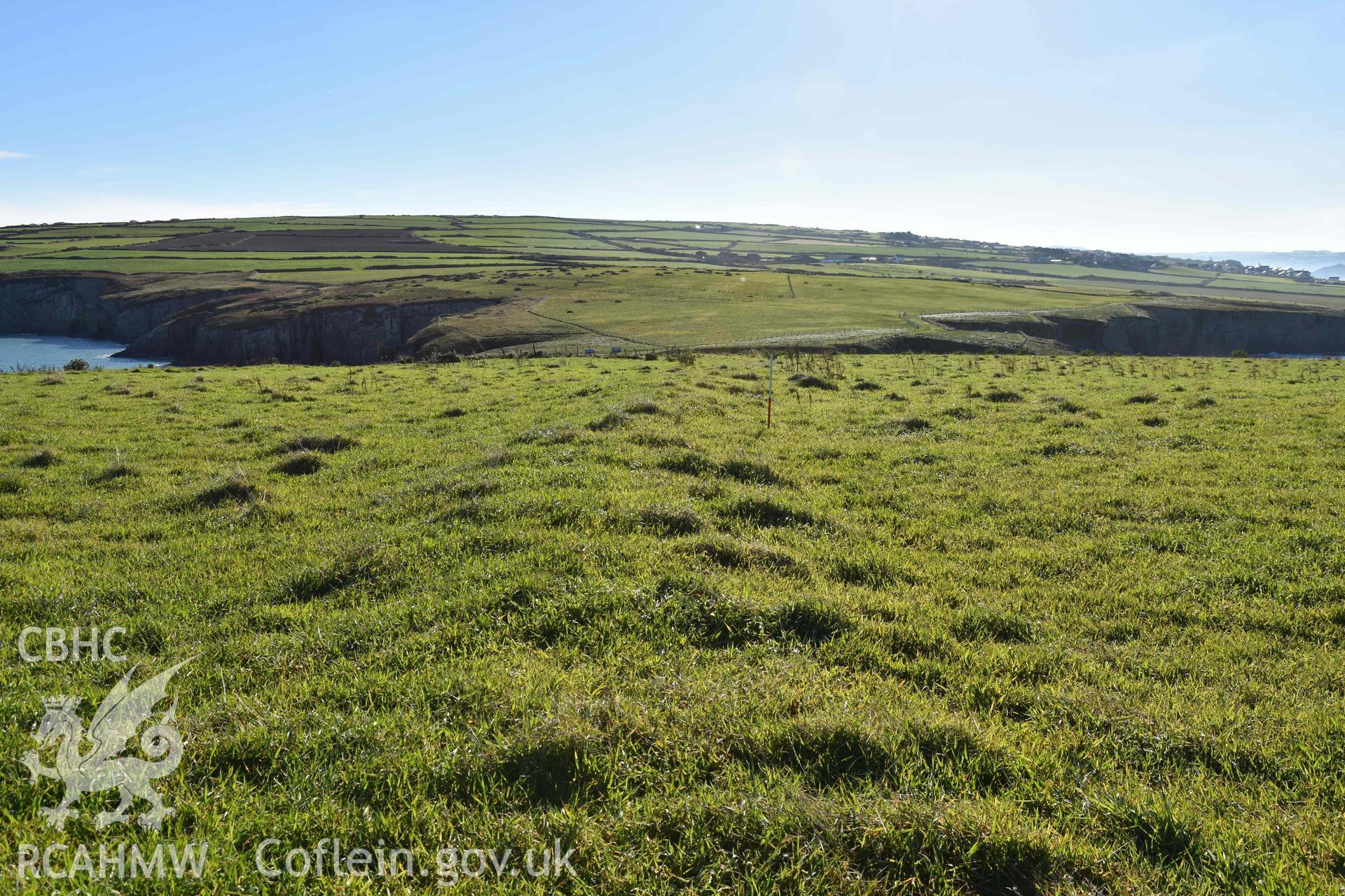 View looking southeast along the bank at the Linnear Bank Crossing on Cardigan Island. Part of photographic survey conducted by Louise Barker of RCAHMW on 30 October 2018. Produced with EU funds through the Ireland Wales Co-operation Programme 2014-2023. All material made freely available through the Open Government Licence.