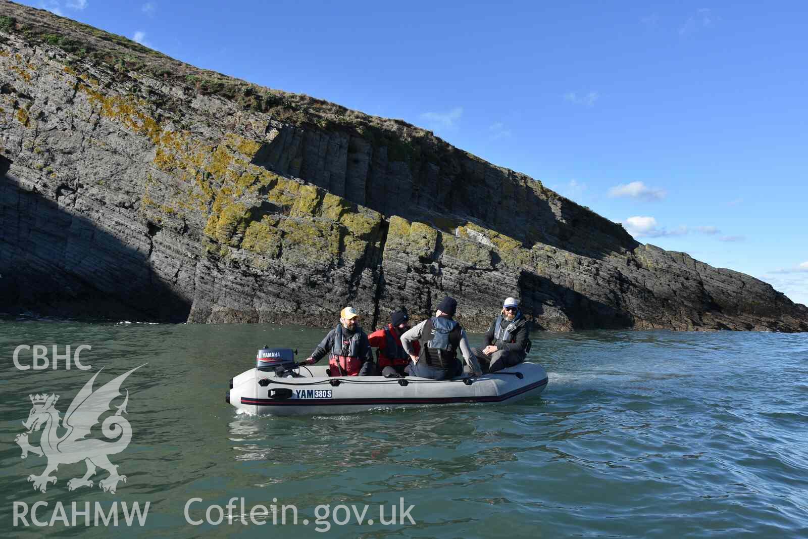 Approaching the East Landing Point on a CHERISH visit on 30 October 2018, photographed by Louise Barker of RCAHMW. Produced with EU funds through the Ireland Wales Co-operation Programme 2014-2023. All material made freely available through the Open Government Licence.