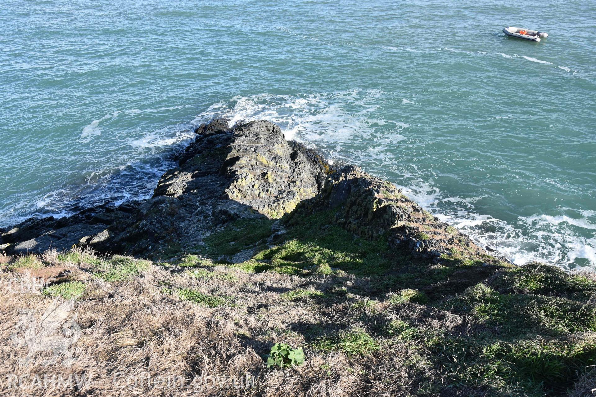 Looking down to the East Landing Point from the Island during CHERISH visit on 30 October 2018, photographed by Louise Barker of RCAHMW. Produced with EU funds through the Ireland Wales Co-operation Programme 2014-2023. All material made freely available through the Open Government Licence.