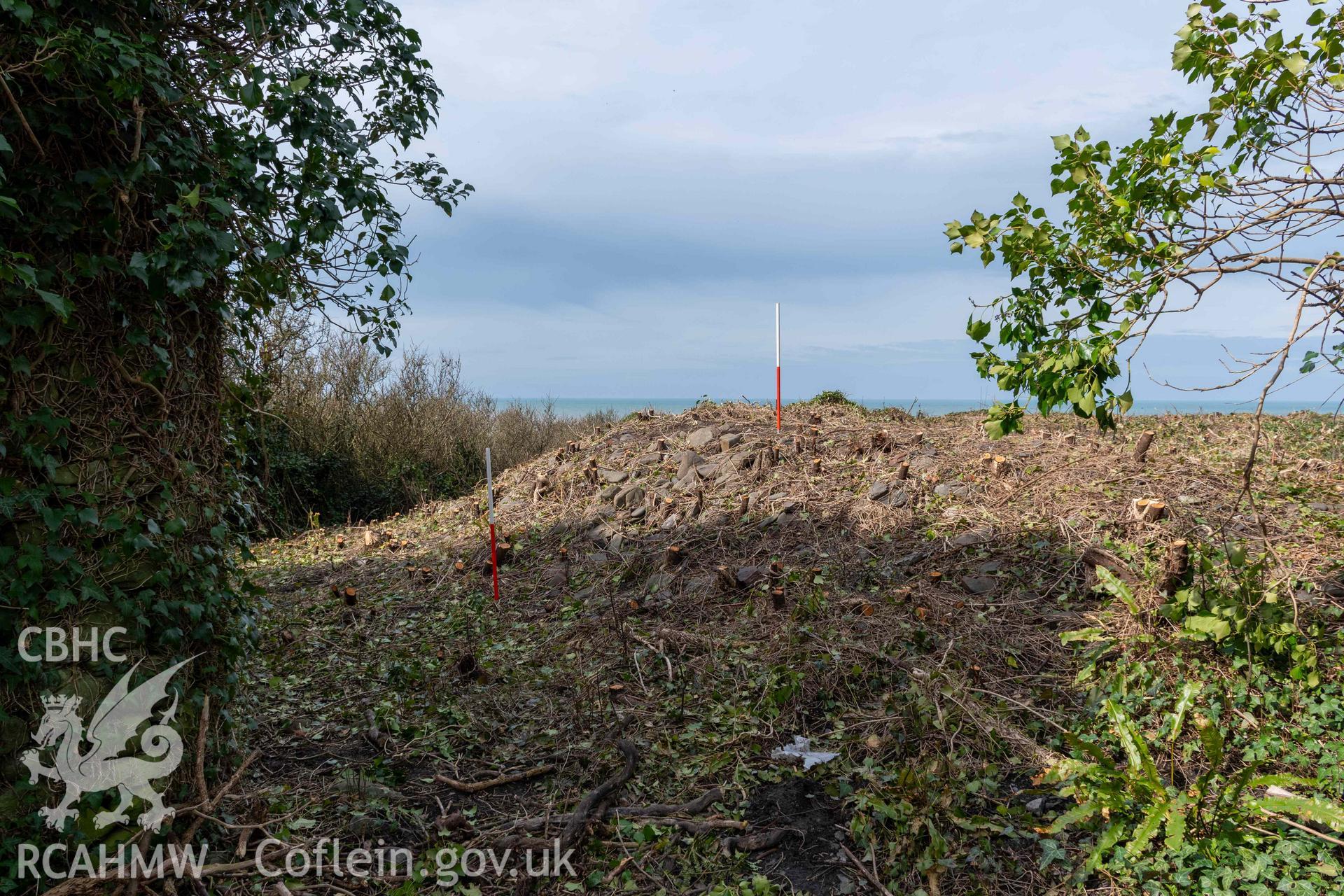 Kiln 1, rubble scarp slope to rear (south) of crucible (with scale). Part of photographic survey of Aberstrincell lime kilns and coal yard, conducted by Louise Barker of the RCAHMW survey team on 21 March 2024.