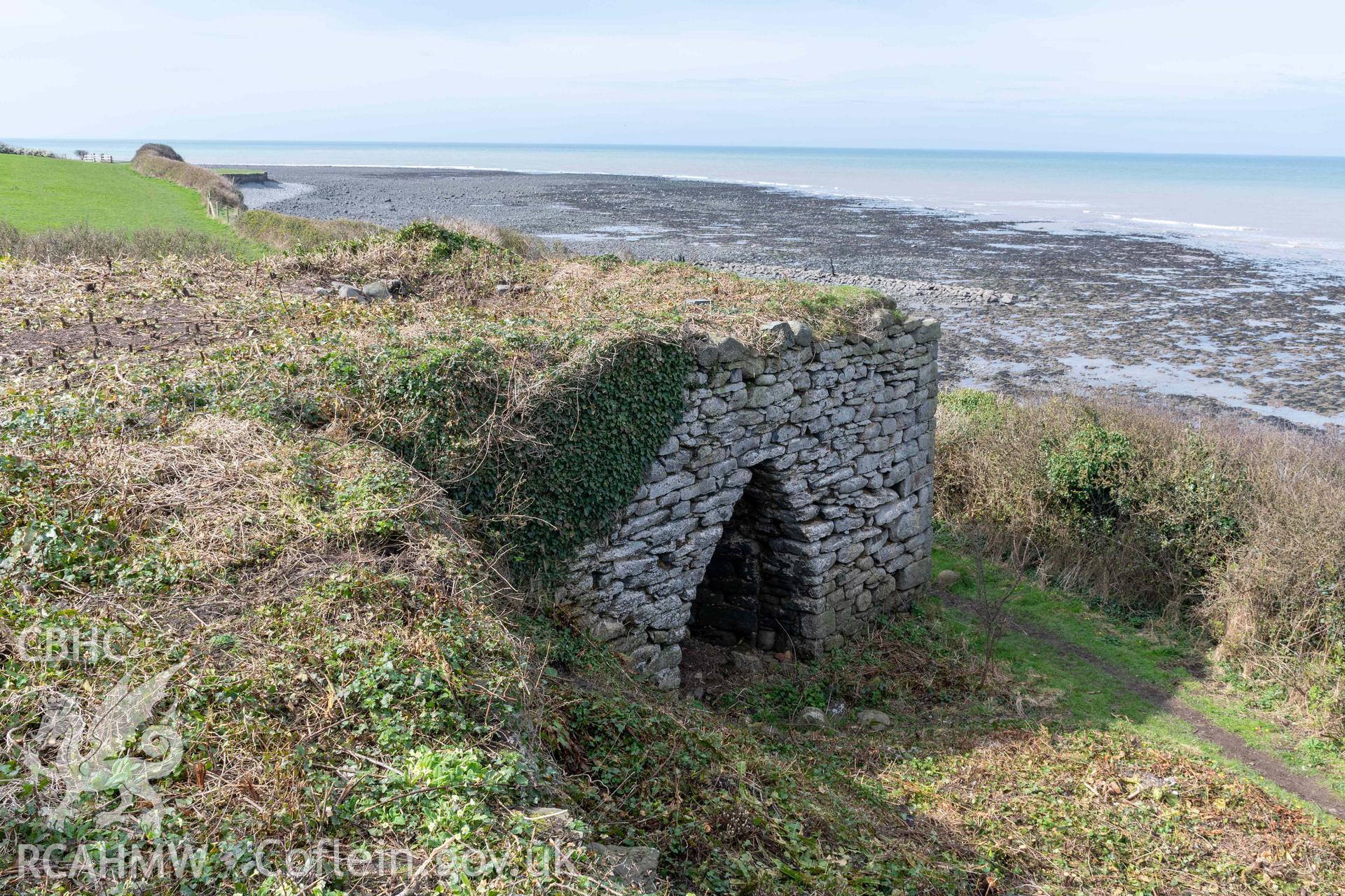 Kiln 1, east elevation. Part of photographic survey of Aberstrincell lime kilns and coal yard, conducted by Louise Barker of the RCAHMW survey team on 21 March 2024.