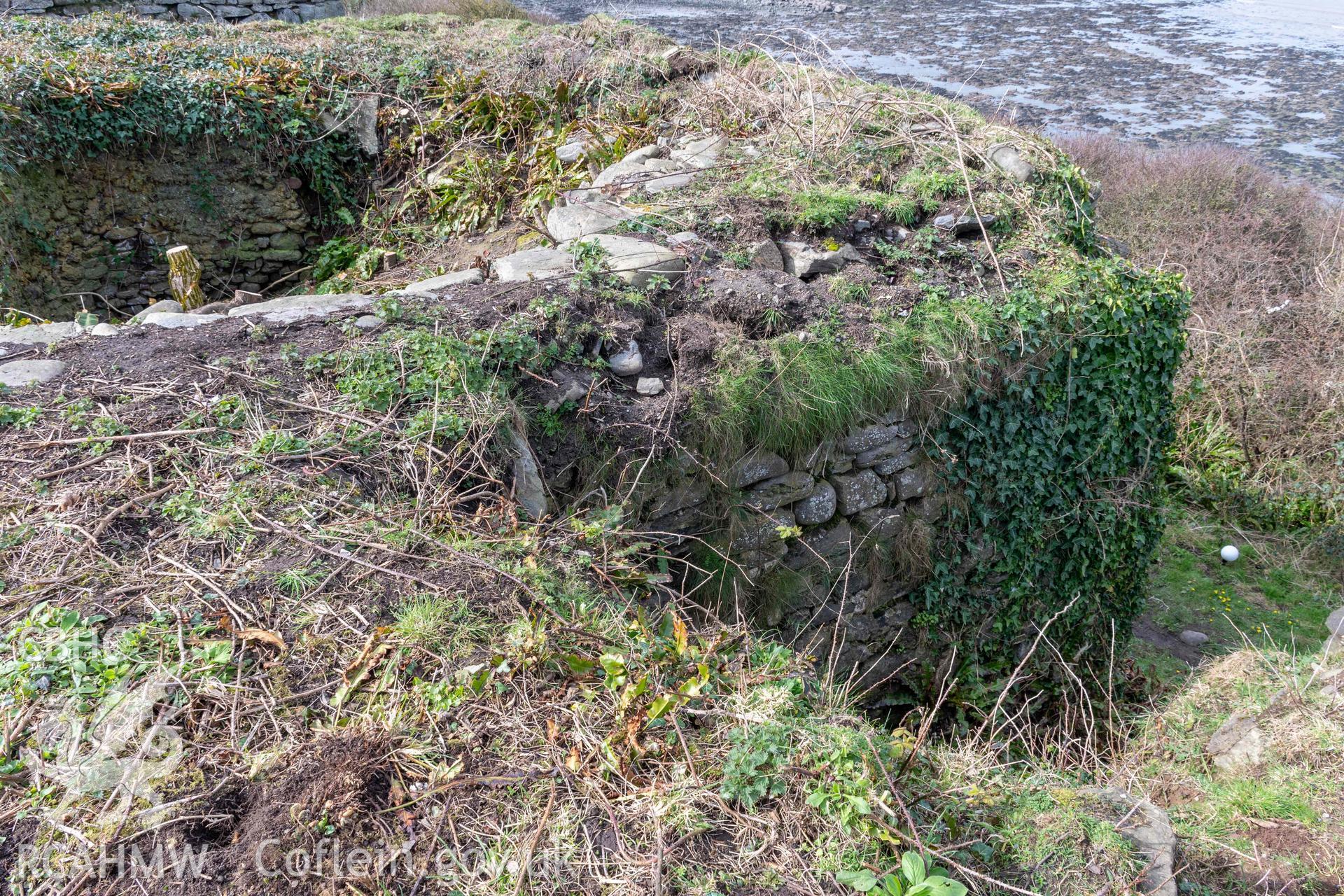 Access passage between kilns 3 and 4. Part of photographic survey of Aberstrincell lime kilns and coal yard, conducted by Louise Barker of the RCAHMW survey team on 21 March 2024.