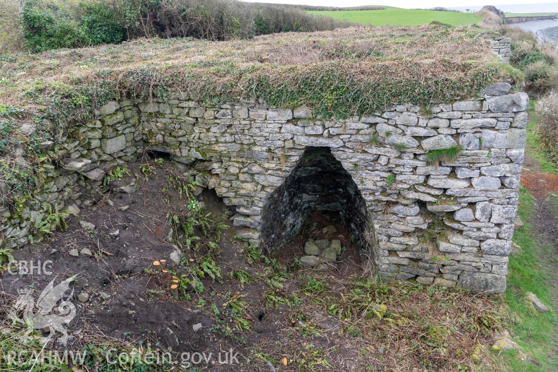 Kiln 2, east elevation. Part of photographic survey of Aberstrincell lime kilns and coal yard, conducted by Louise Barker of the RCAHMW survey team on 21 March 2024.