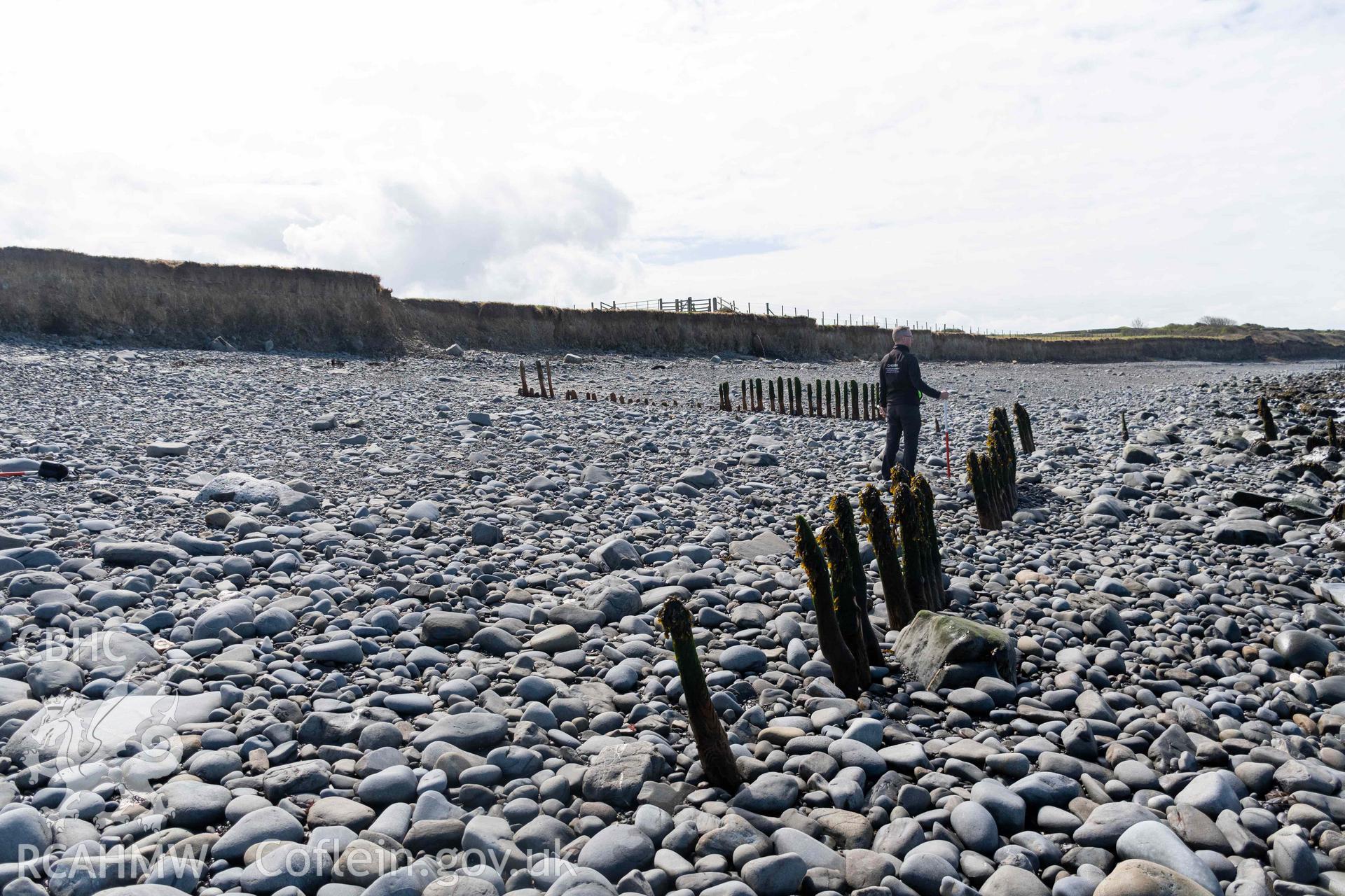 Groyne (SN5213968609) and Jetty (SN5214268626), Aberstrincell, looking southwest (with scale). Part of photographic survey of Aberstrincell lime kilns and coal yard, conducted by Louise Barker of the RCAHMW survey team on 21 March 2024.