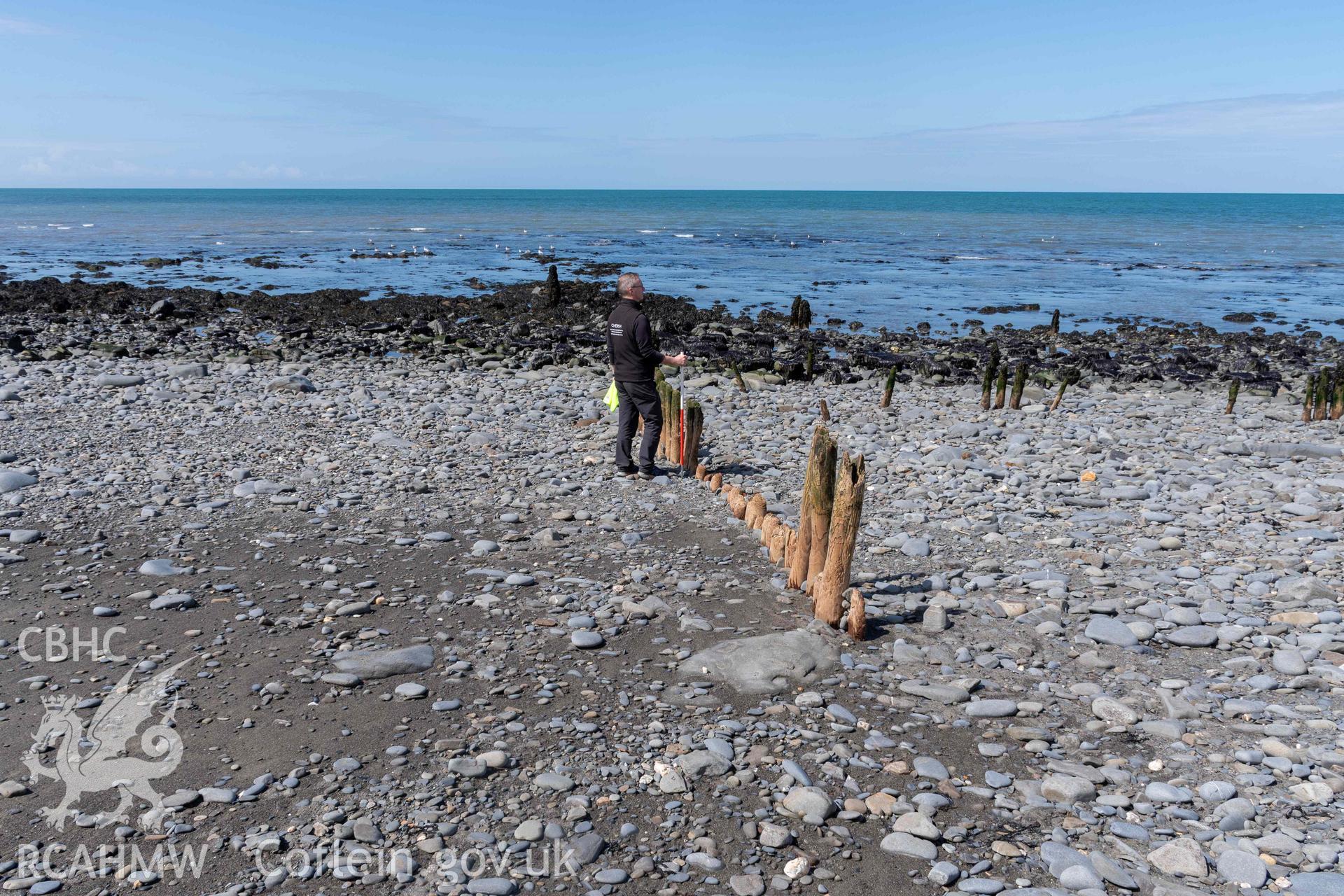 Groyne (SN5213968609), Aberstrincell, looking north (with scale). Part of photographic survey of Aberstrincell lime kilns and coal yard, conducted by Louise Barker of the RCAHMW survey team on 21 March 2024.