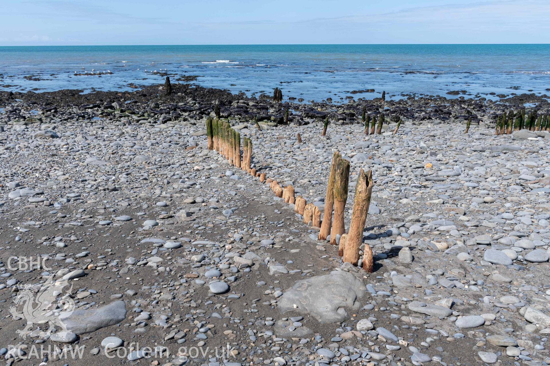 Groyne (SN5213968609), Aberstrincell, looking north. Part of photographic survey of Aberstrincell lime kilns and coal yard, conducted by Louise Barker of the RCAHMW survey team on 21 March 2024.