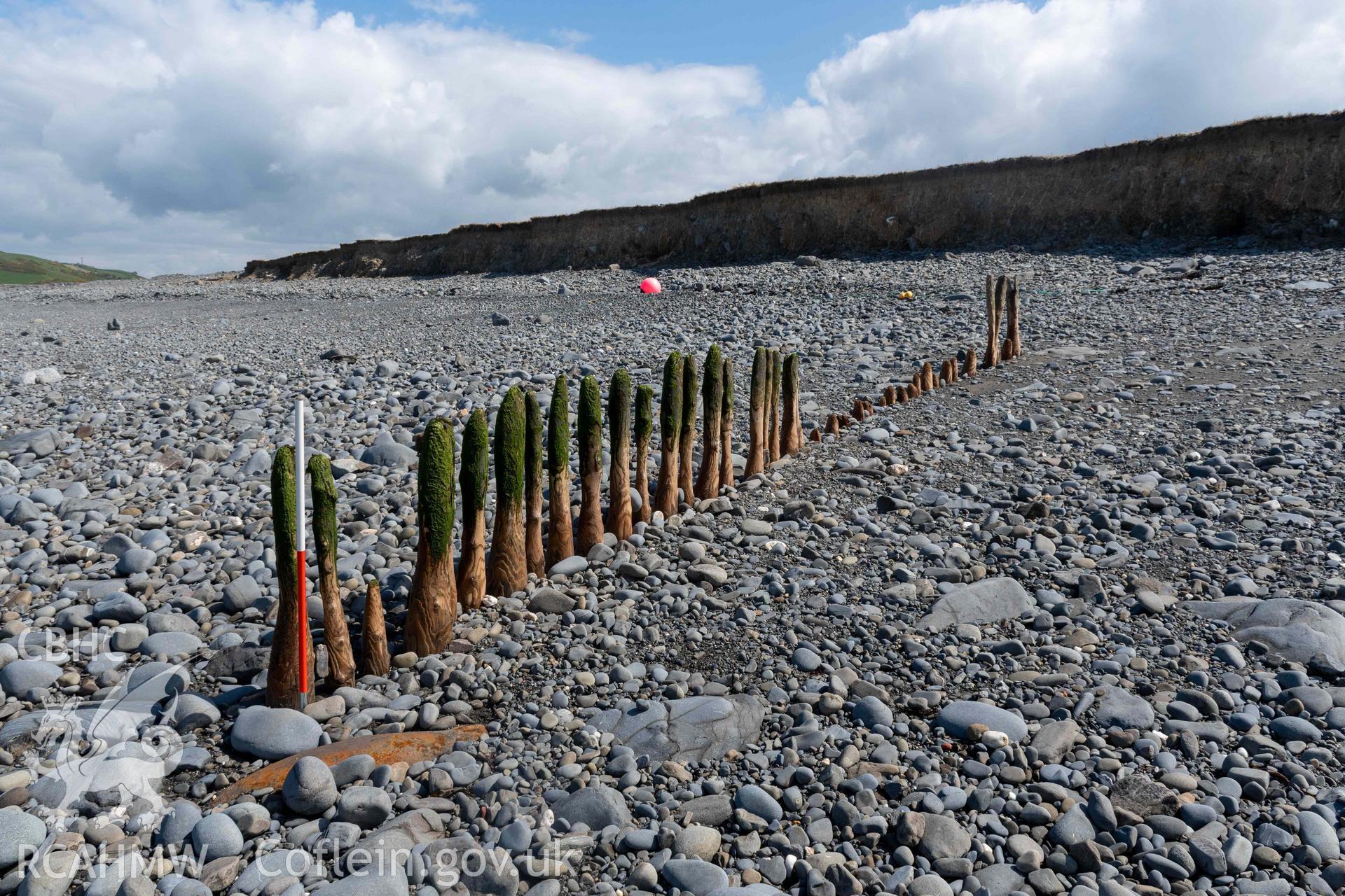 Groyne (SN5213968609), Aberstrincell, looking east (with scale). Part of photographic survey of Aberstrincell lime kilns and coal yard, conducted by Louise Barker of the RCAHMW survey team on 21 March 2024.