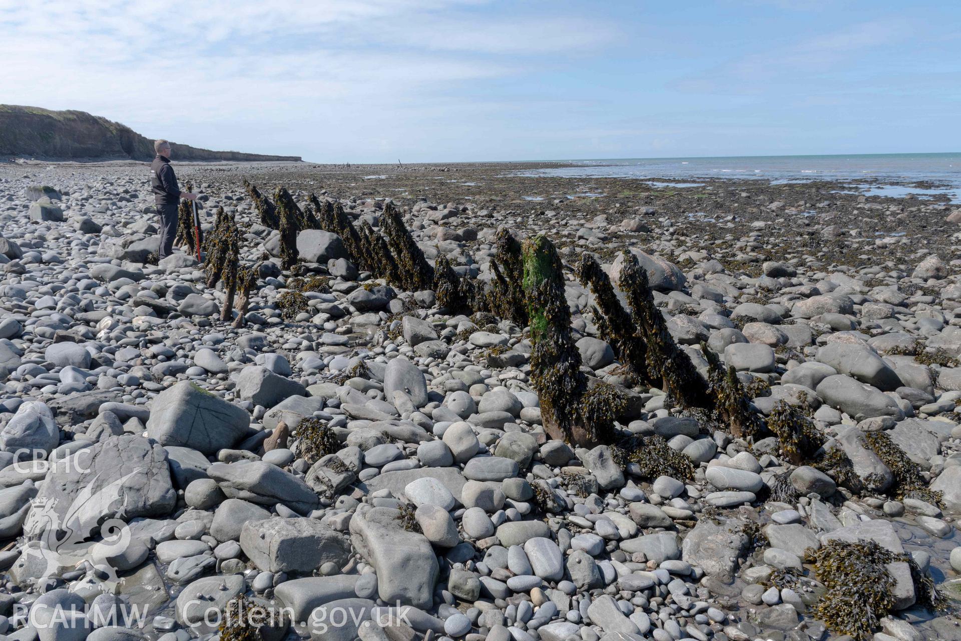 Jetty (SN5190468417), in front of Aberstrincell Lime Kilns, looking southwest (with scale). Part of photographic survey of Aberstrincell lime kilns and coal yard, conducted by Louise Barker of the RCAHMW survey team on 21 March 2024.