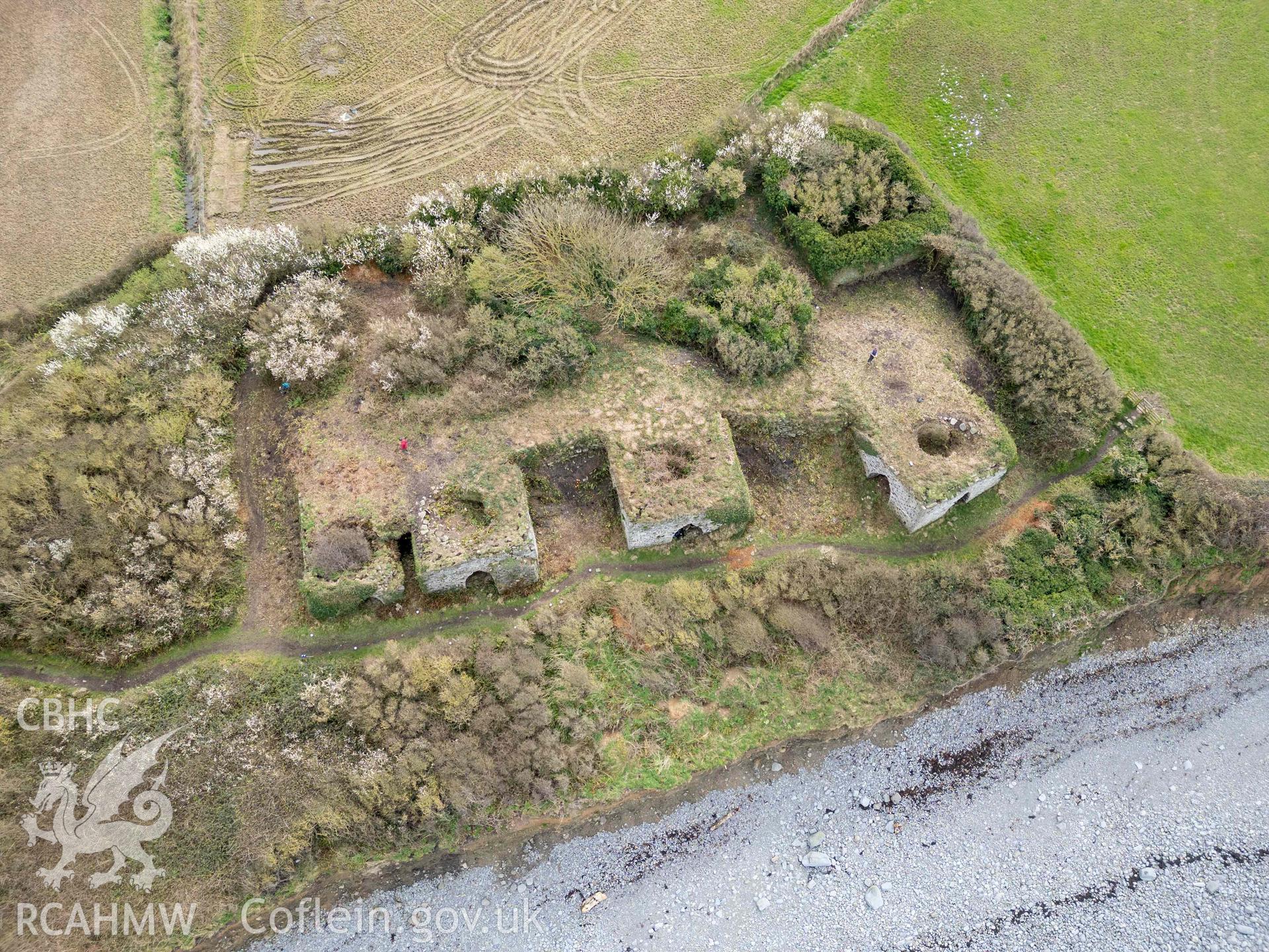 Aberstrincell Lime Kilns from the north. Part of photographic survey of Aberstrincell lime kilns and coal yard, conducted by Louise Barker of the RCAHMW survey team on 21 March 2024.