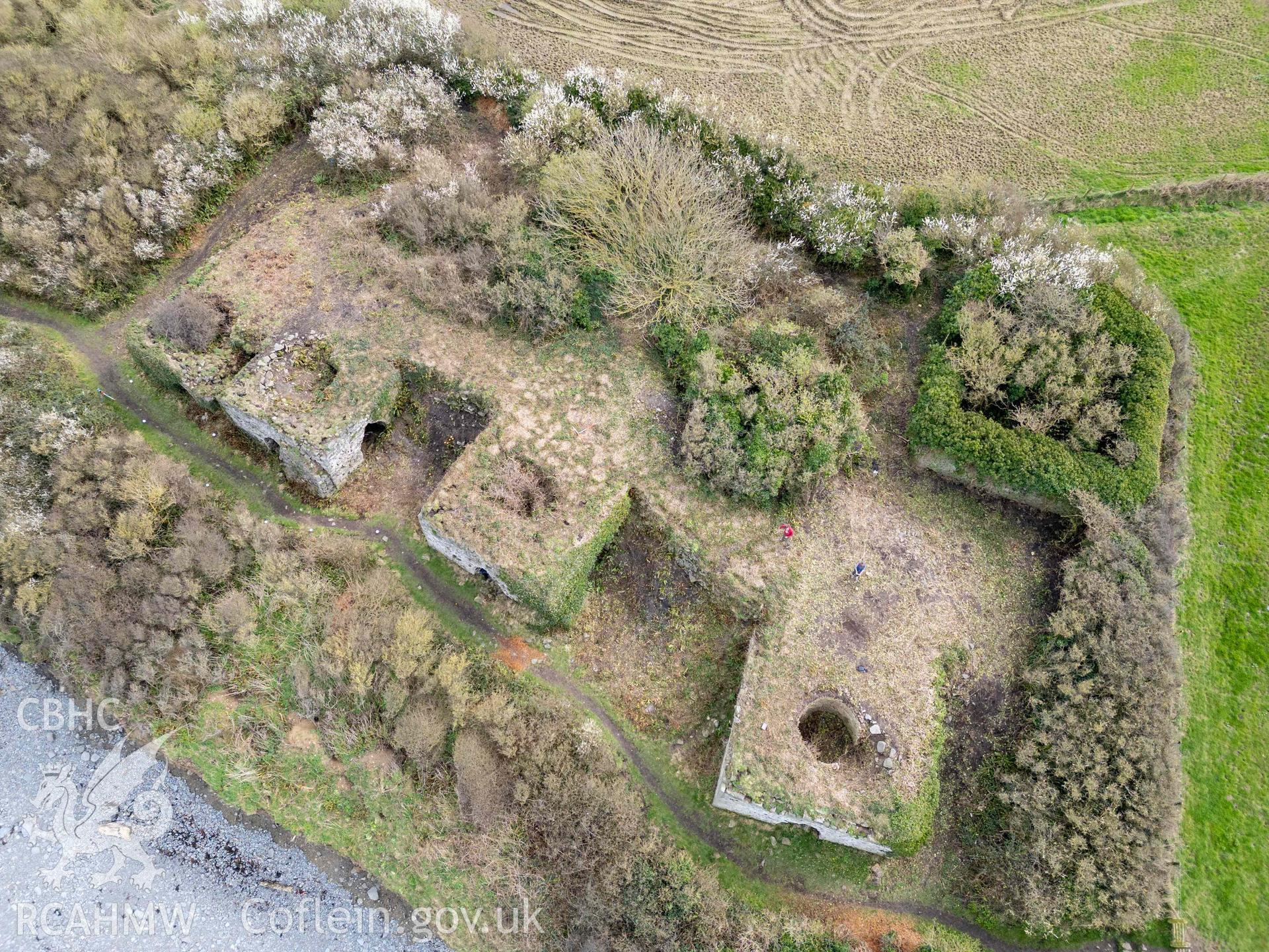 Aberstrincell Lime Kilns from the west. Part of photographic survey of Aberstrincell lime kilns and coal yard, conducted by Louise Barker of the RCAHMW survey team on 21 March 2024.